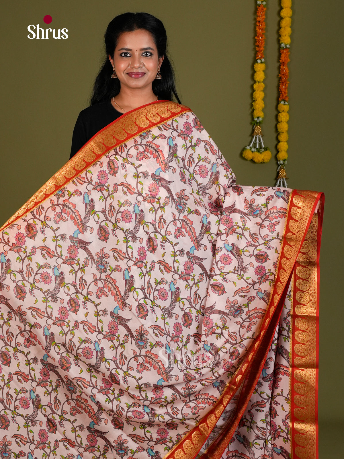 Buy Chic Pastel Pink Mysore Silk Sarees with Floral Print, Zari Border With Mango Motifs & Red Pallu
