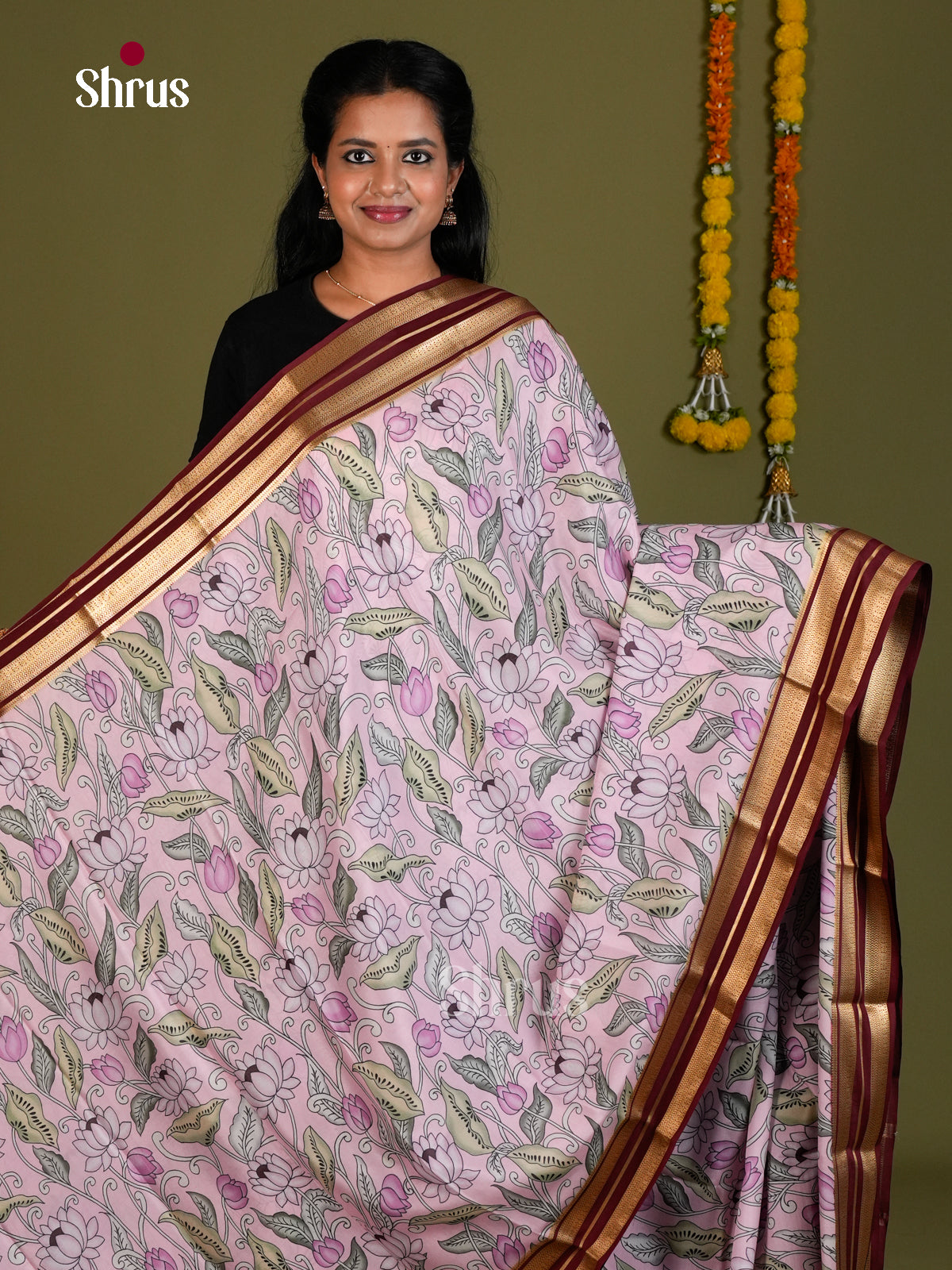 Buy Gorgeous Pastel Pink Mysore Silk Sarees with Lotus & Leaf Prints & Maroon Rettapet Zari Border