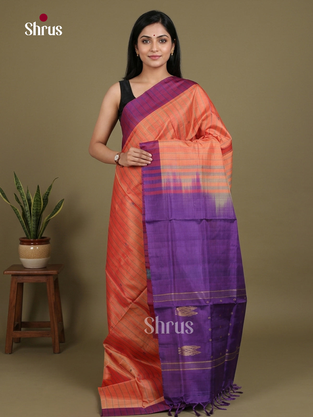Buy Pretty Peach Banana Pith Saree With Diagonal Stripes, Purple Border & Traditional Pallu