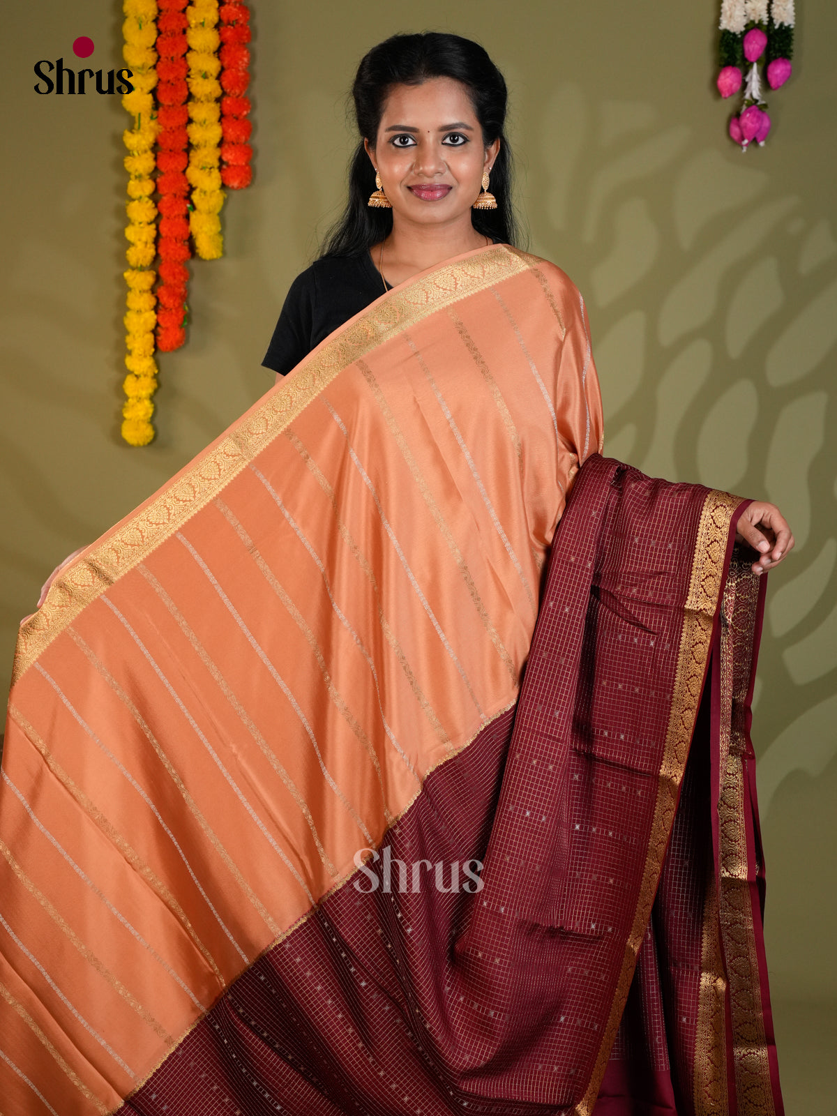 Buy Stunning Peach Half & Half Mysore Silk Sarees with Gold Stripes, Maroon Checks & Zari Pallu