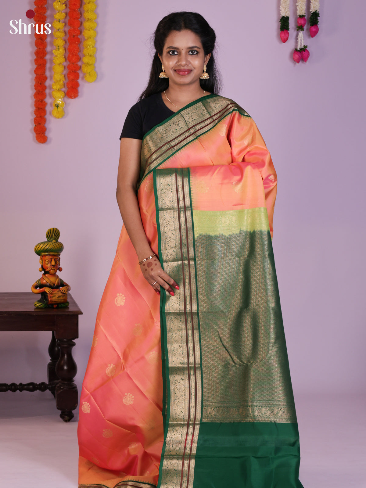 Buy Pretty Peach Kanchipuram Saree With Gold Motifs, Green Border With Zari Bands & Pallu