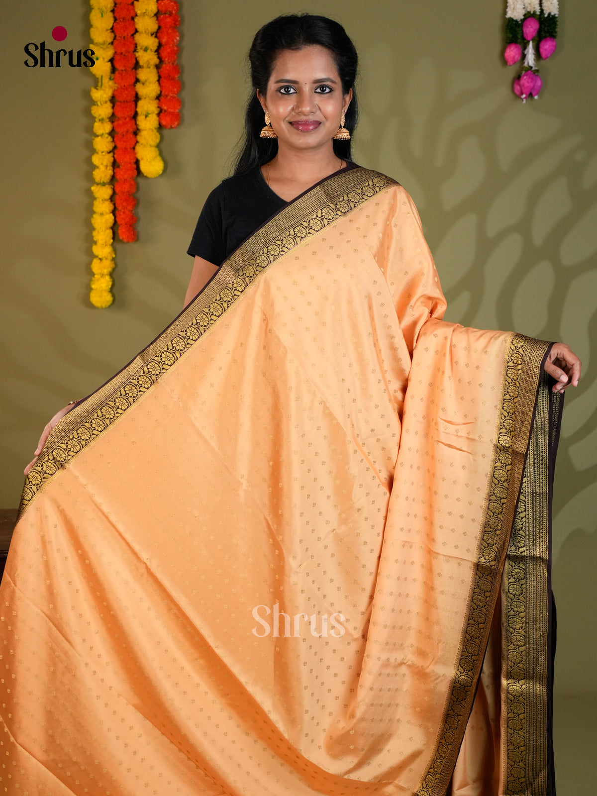 Buy Unique Peach Mysore Silk Sarees with Gold Buttas, Brown Border & Traditional Striped Pallu