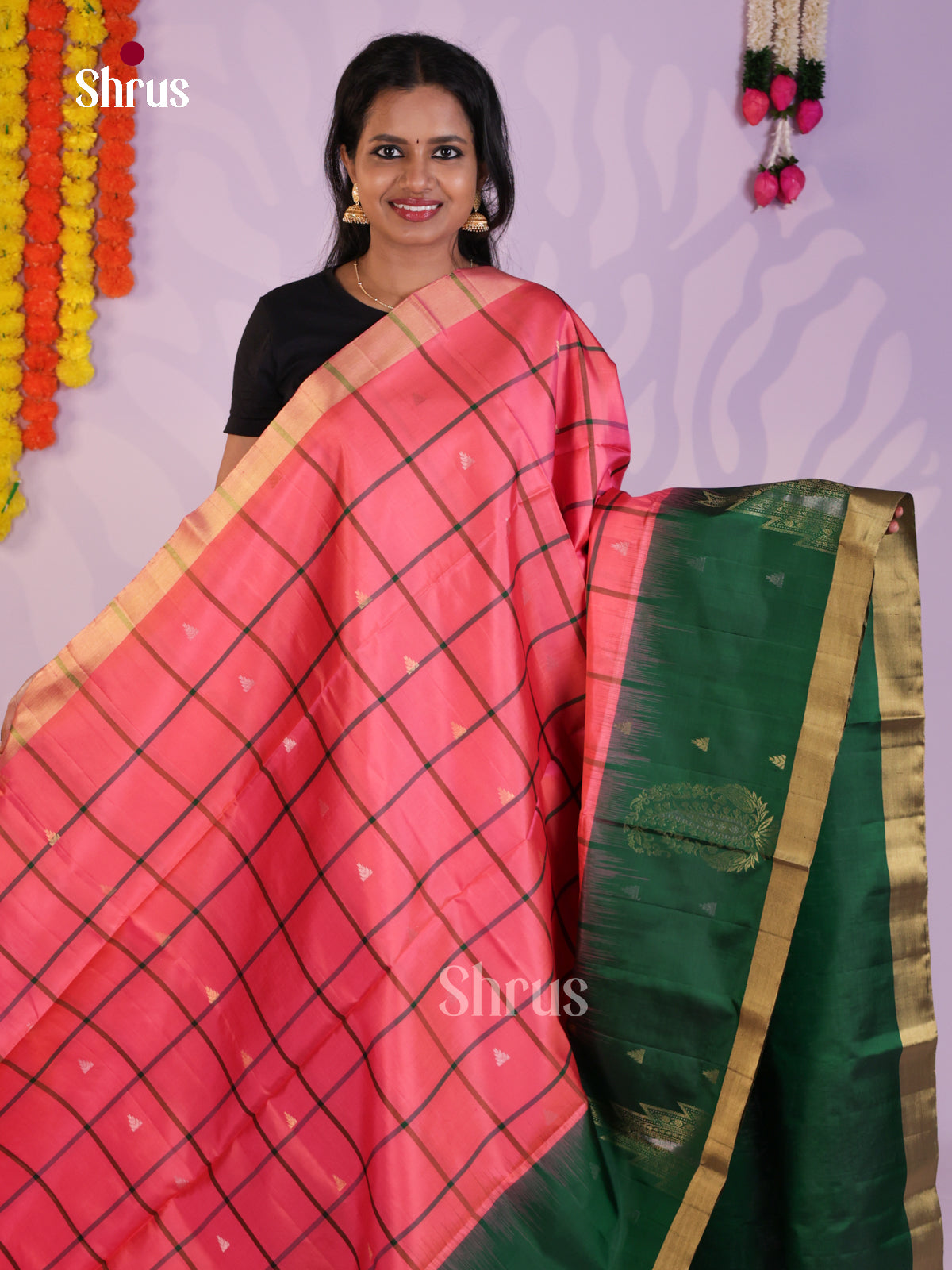 Buy Timeless Peach Pink Pure Soft Silk Saree with Thread Checks & Zari Buttas, Green Border & Pallu