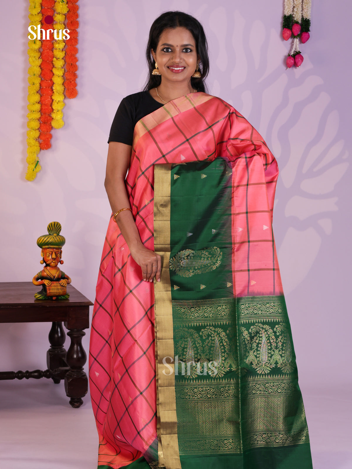 Buy Timeless Peach Pink Soft Silk Saree with Thread Checks & Zari Buttas, Green Border & Pallu