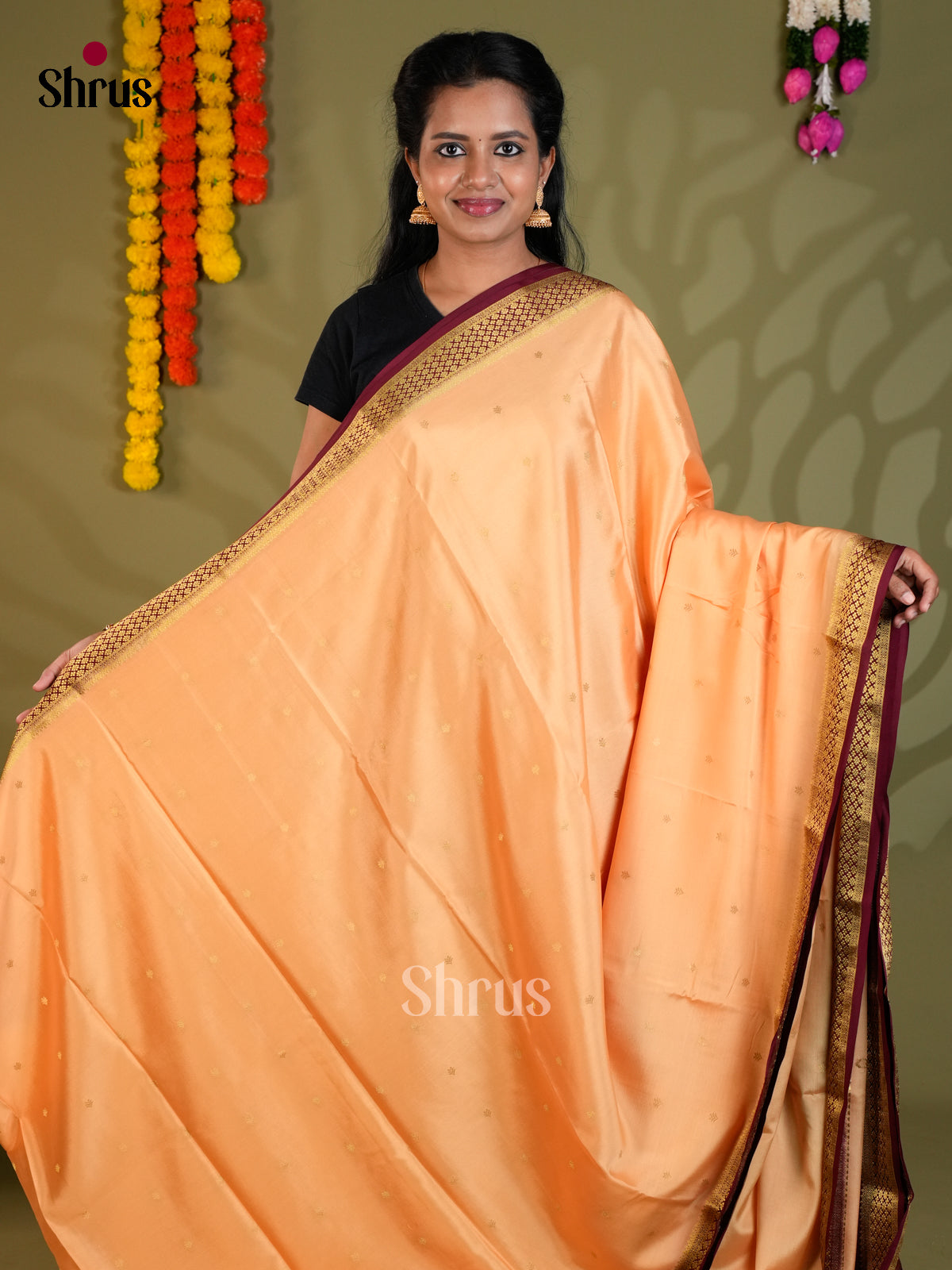 Buy Charming Peach Pure Mysore Silk Saree with Gold Buttas, Maroon Zari Border & Chit Pallu