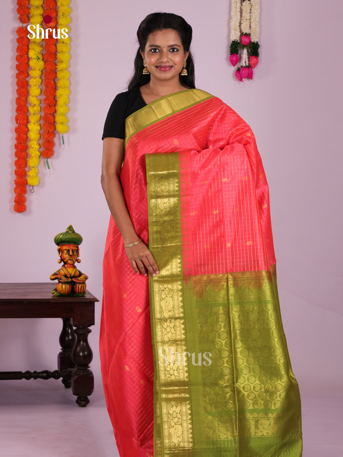 Buy Luminous Peach Silk Cotton Saree with Gold Checks, Mango Buttas & Olive Brocade Pallu