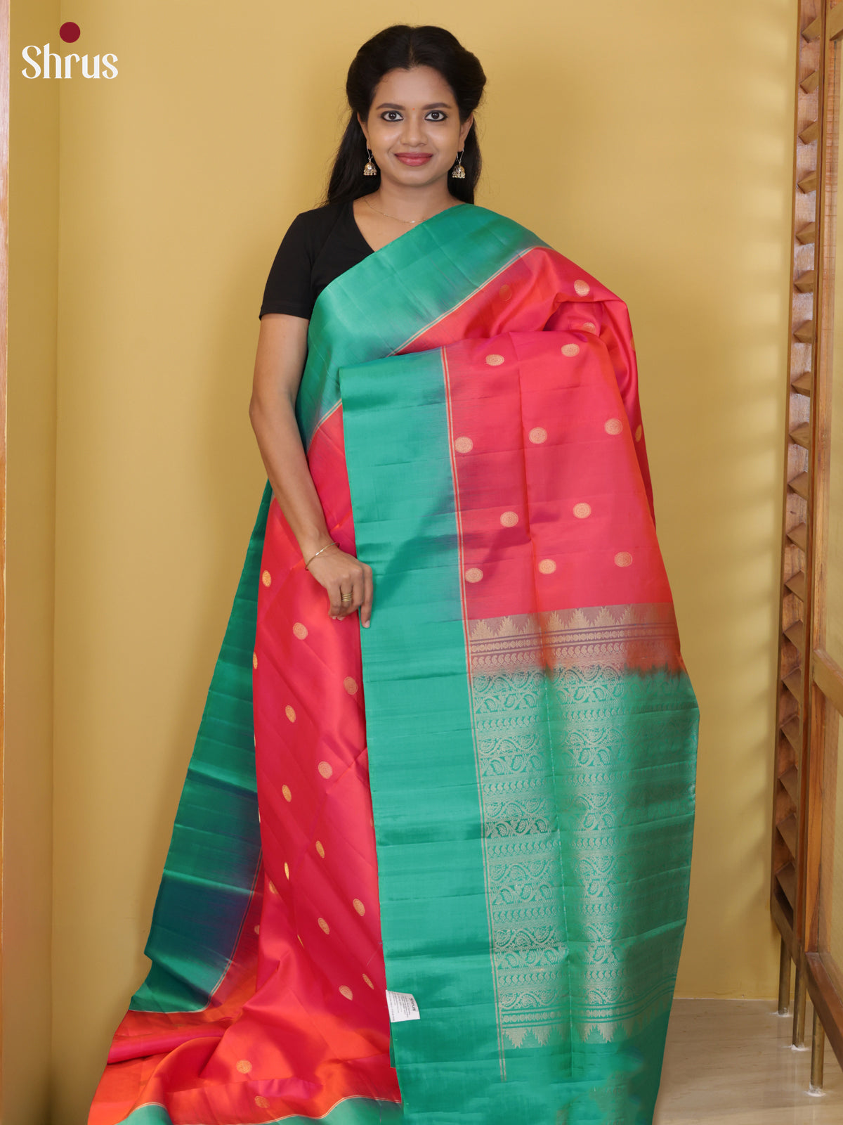 Buy Vibrant Peach Soft Silk Saree With Round Buttas, Sea Green Border & Brocade Pallu
