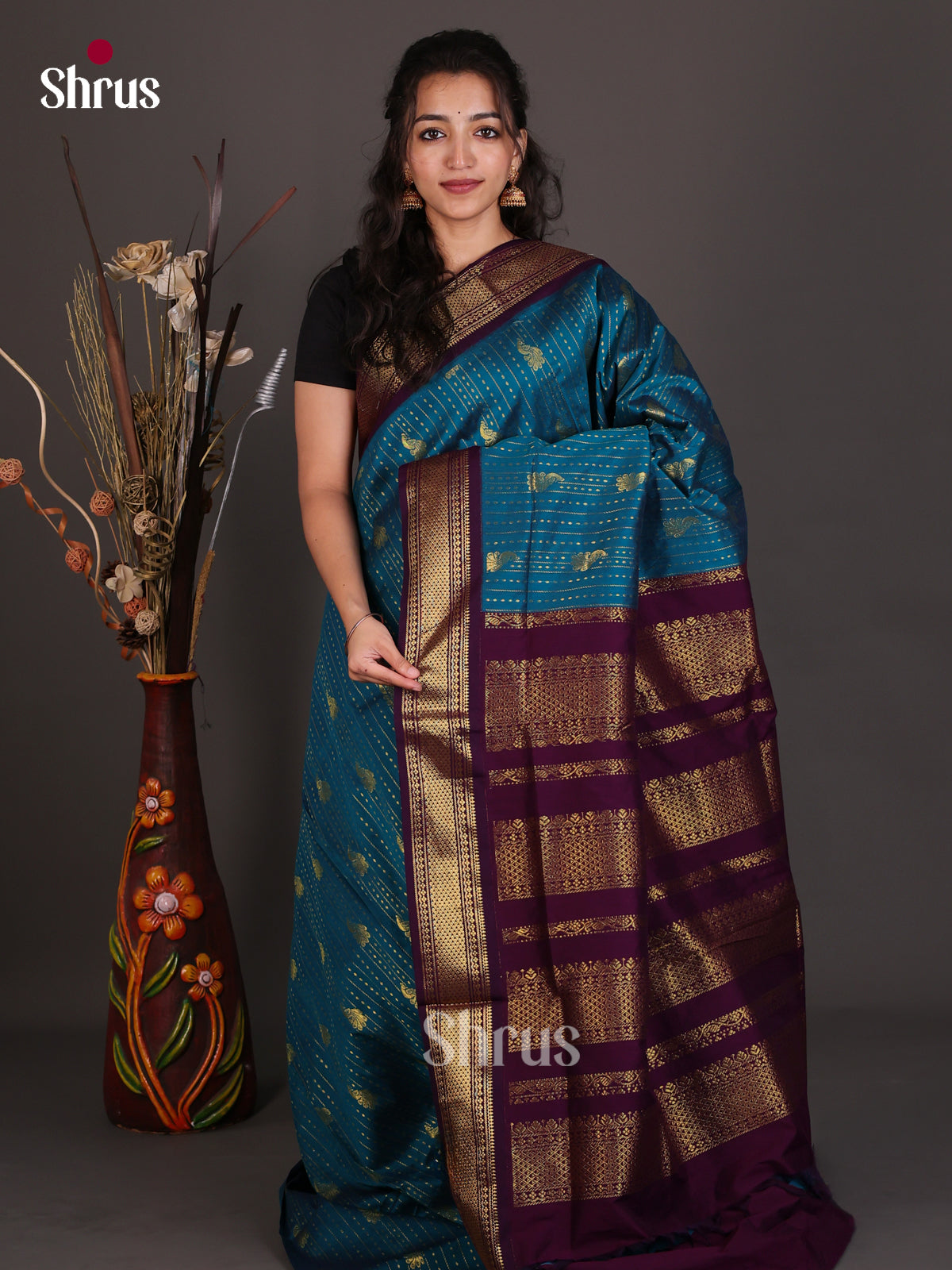 Pretty Peacock Blue Kalyani Cotton Saree With Golden Lines, Buttas & Deep Wine Traditional Pallu