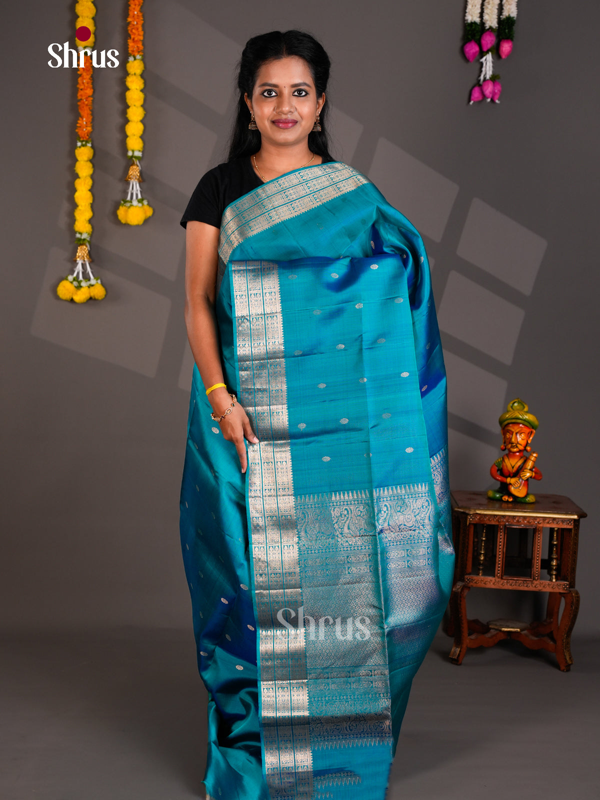 Buy Serene Peacock Blue Soft Silk Saree With Silver Floral Buttas, Zari Border & Brocade Pallu