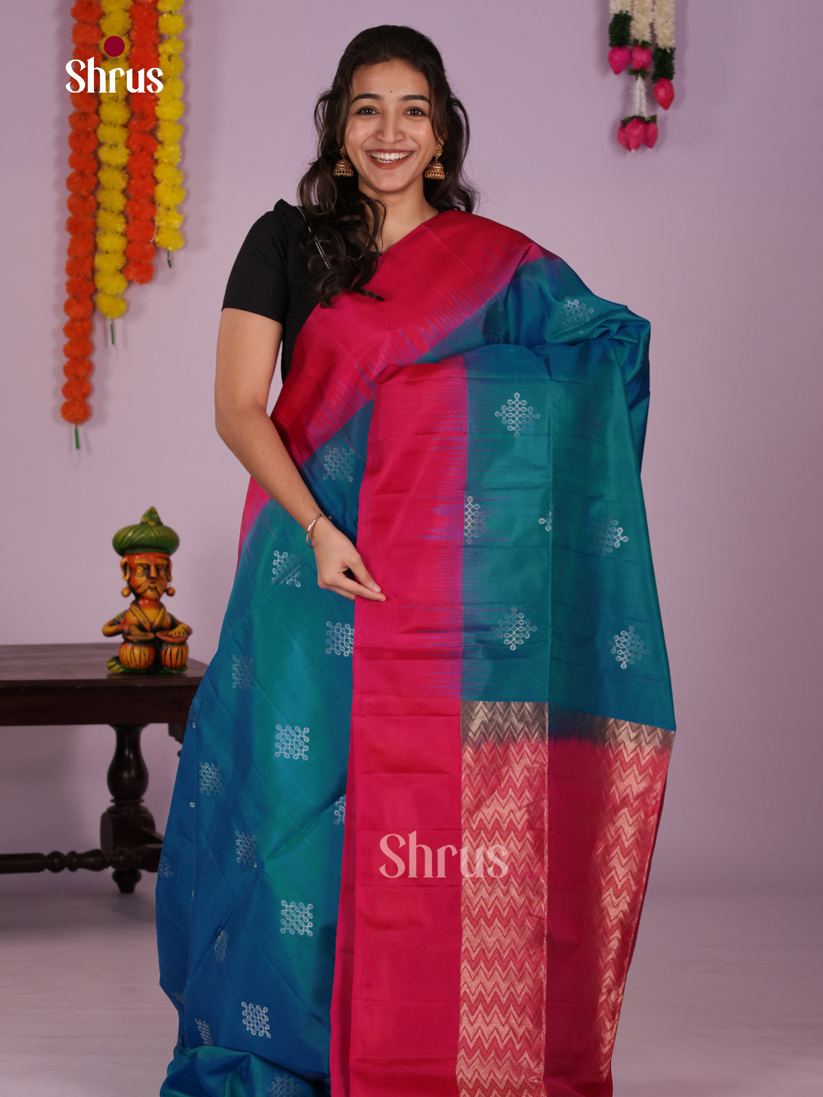 Buy Gorgeous Peacock Blue Soft Silk Saree with Kolam Motifs, Dark Pink Border & Brocade pallu