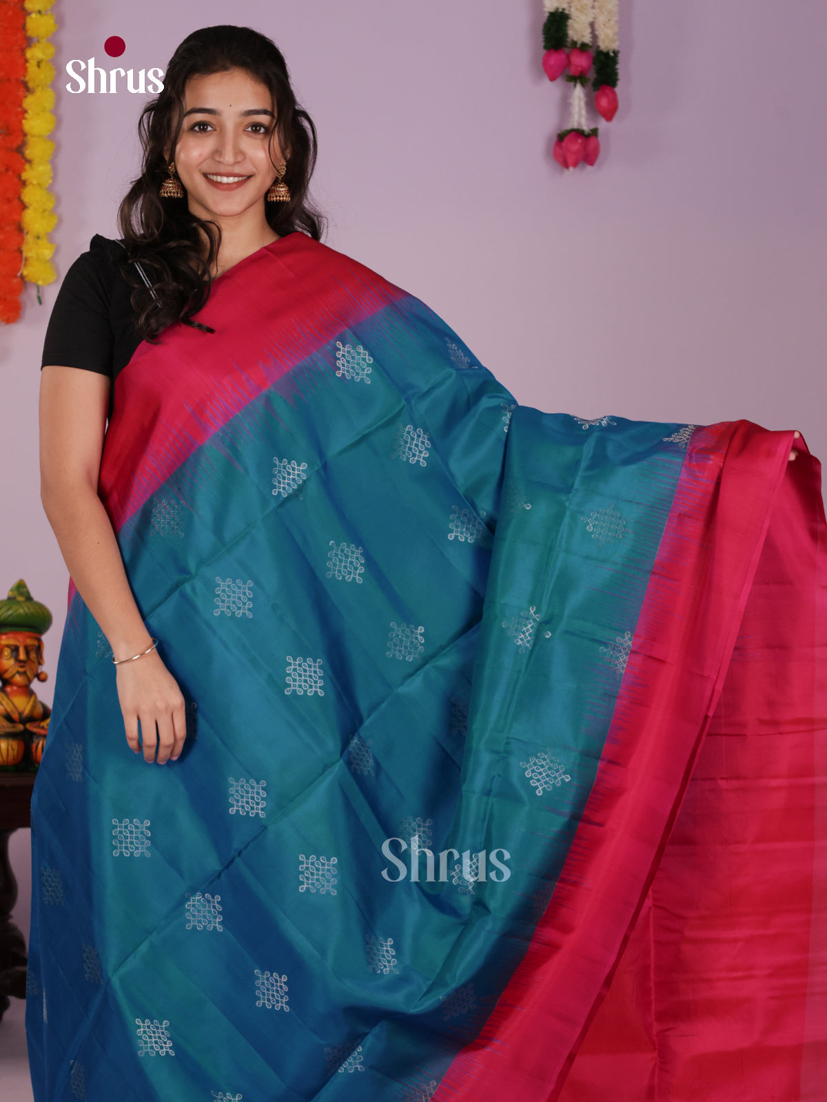 Buy Gorgeous Peacock Blue Soft Silk Sarees with Kolam Motifs, Dark Pink Border & Brocade pallu