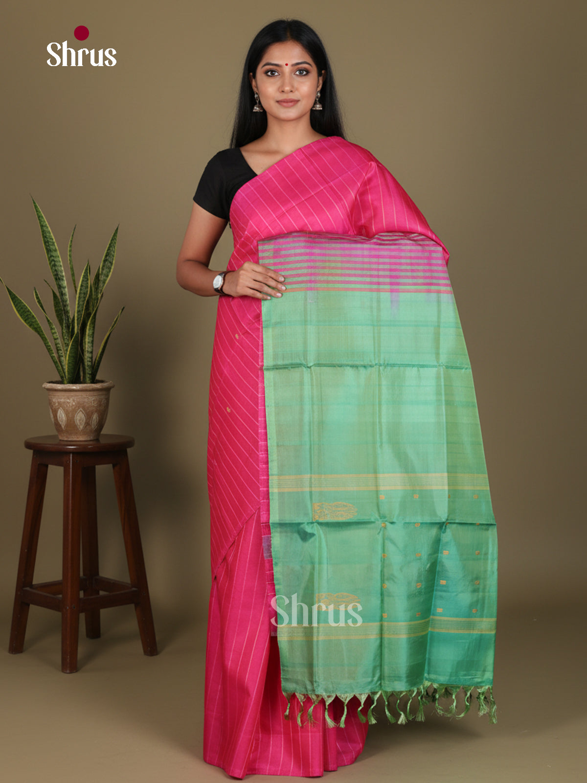 Buy Vibrant Pink Banana Pith Saree With Zari Stripes & Light Green Traditional Pallu