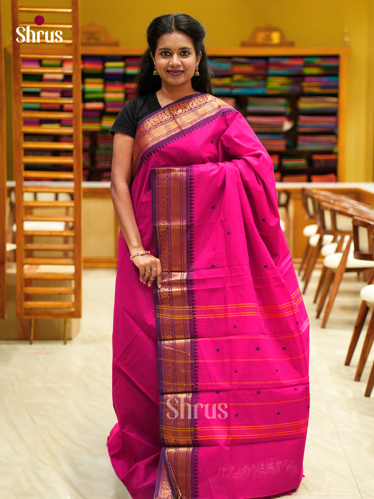 Pretty Pink Chettinad Cotton Saree With Thread Buttas & Purple Temple Zari Border