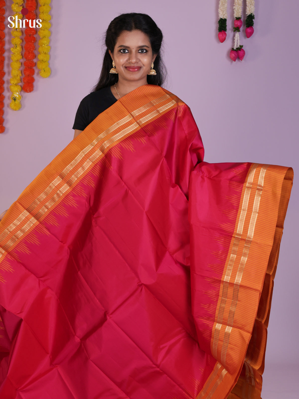 Buy Vibrant Pink Kanchipuram Saree With a Mustard Orange Border & Traditional Pallu