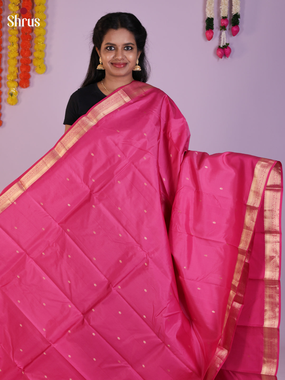 Buy Alluring Pink Kanchipuram Silk Sarees With Small Buttas, Zari Border & Brocade Pallu
