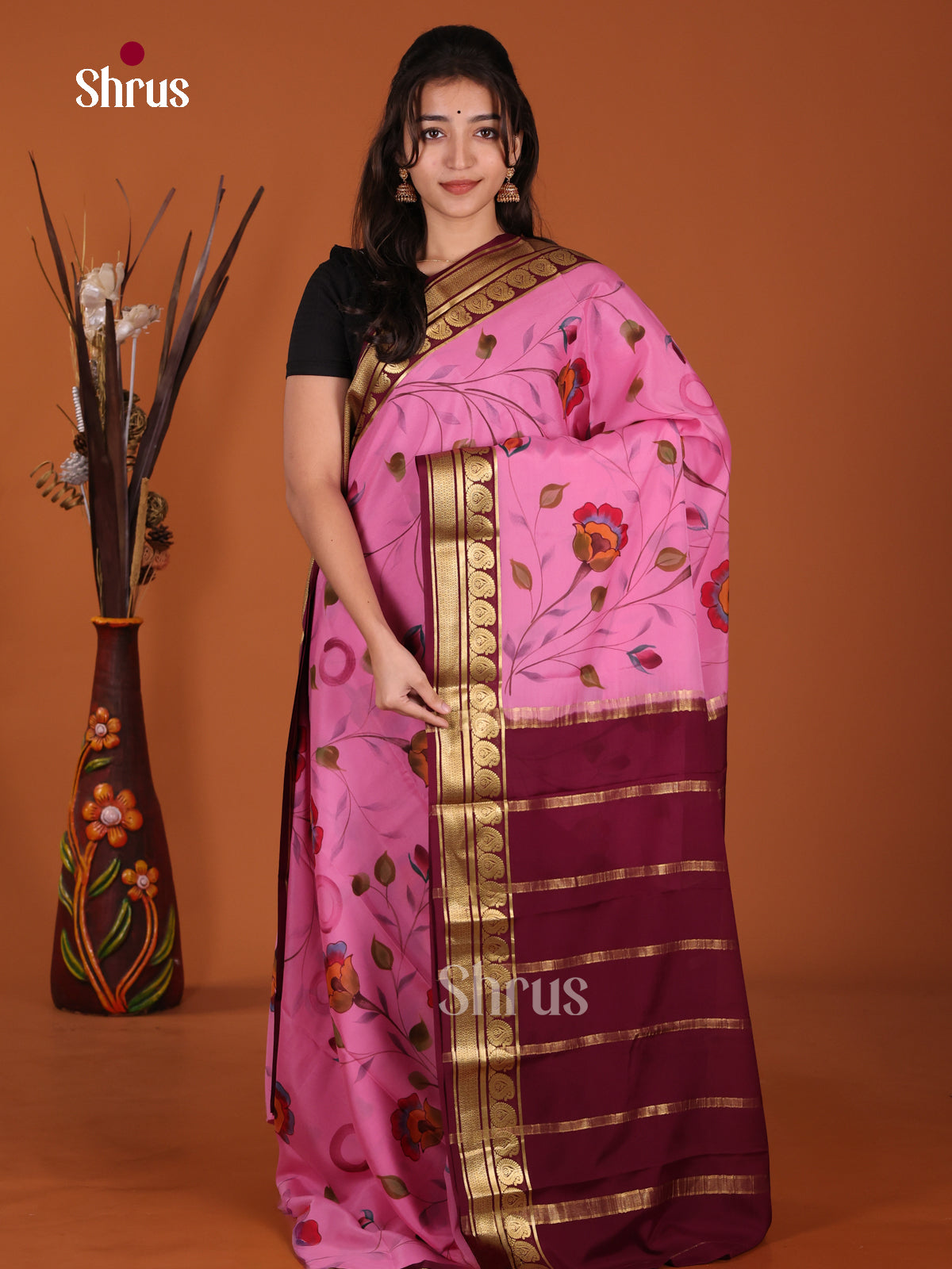 Buy Regal Pink Mysore Crepe Silk Saree with Floral Prints, Maroon Border With Paisley Bands & Chit Pallu