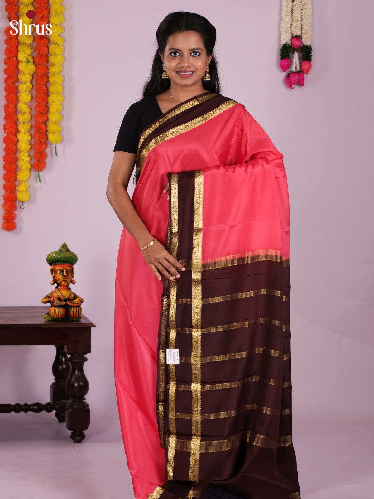 Buy Traditional Pink Mysore Silk Saree With Brown Rettaipet Zari Border & Chit Pallu