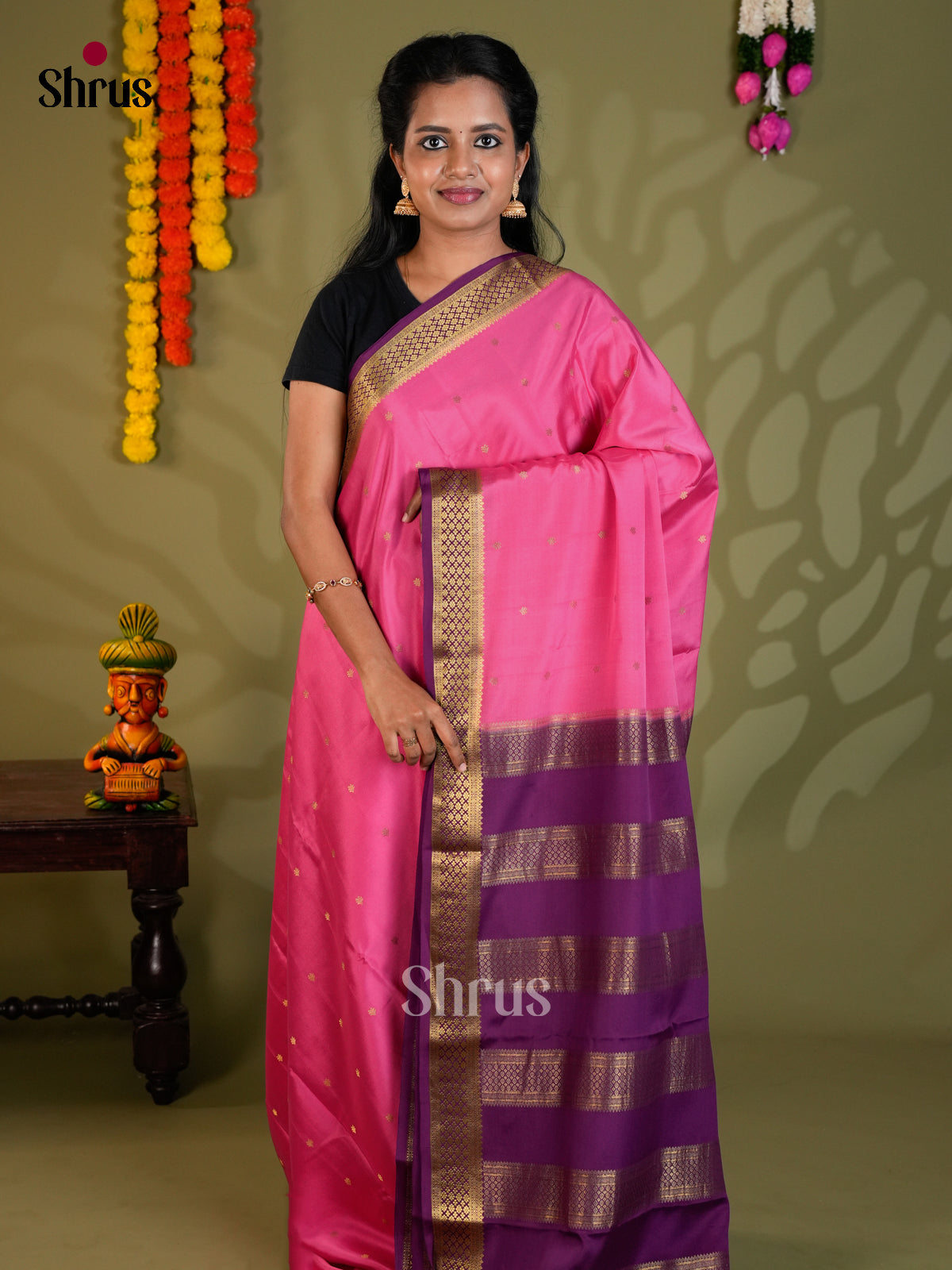Buy Charming Pink Mysore Silk Saree with Gold Buttas, Deep Violet Border & Chit Pallu