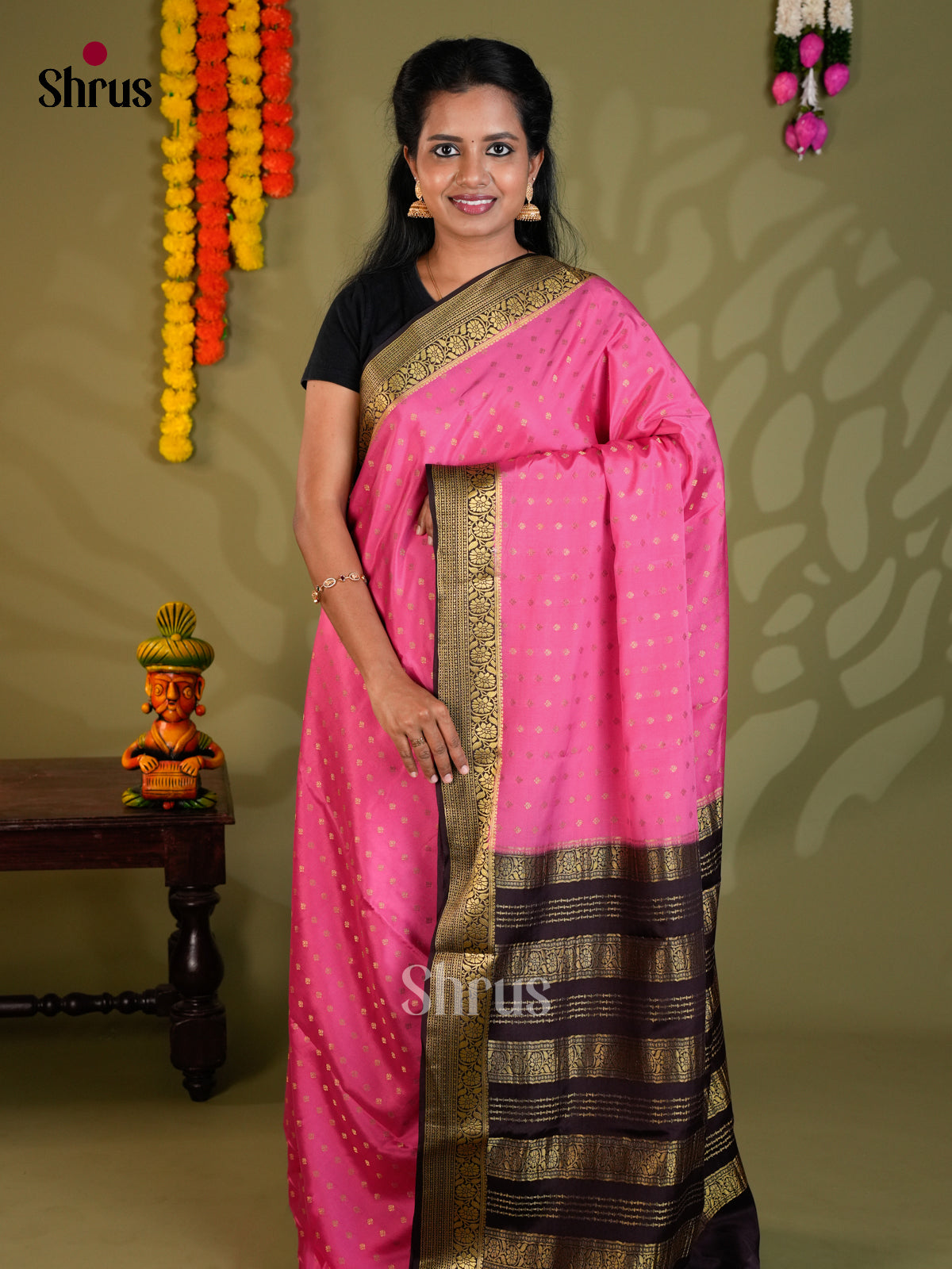 Buy Charming Pink Mysore Silk Saree with Gold Zari Buttas, Wine Border & Traditional Pallu