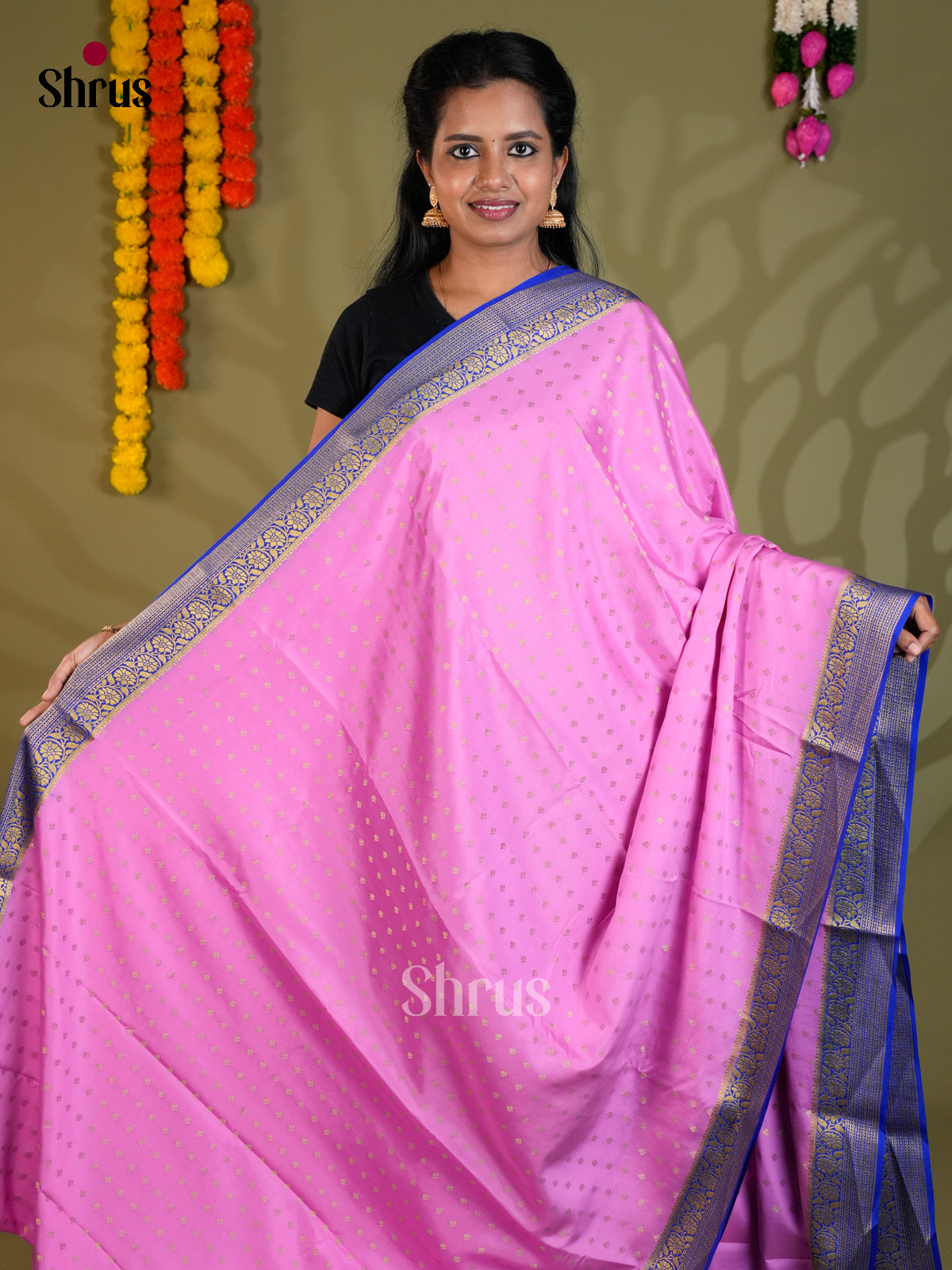 Buy Exquisite Pink Mysore Silk Sarees with Gold Zari Buttas, Royal Blue Border & Traditional Pallu