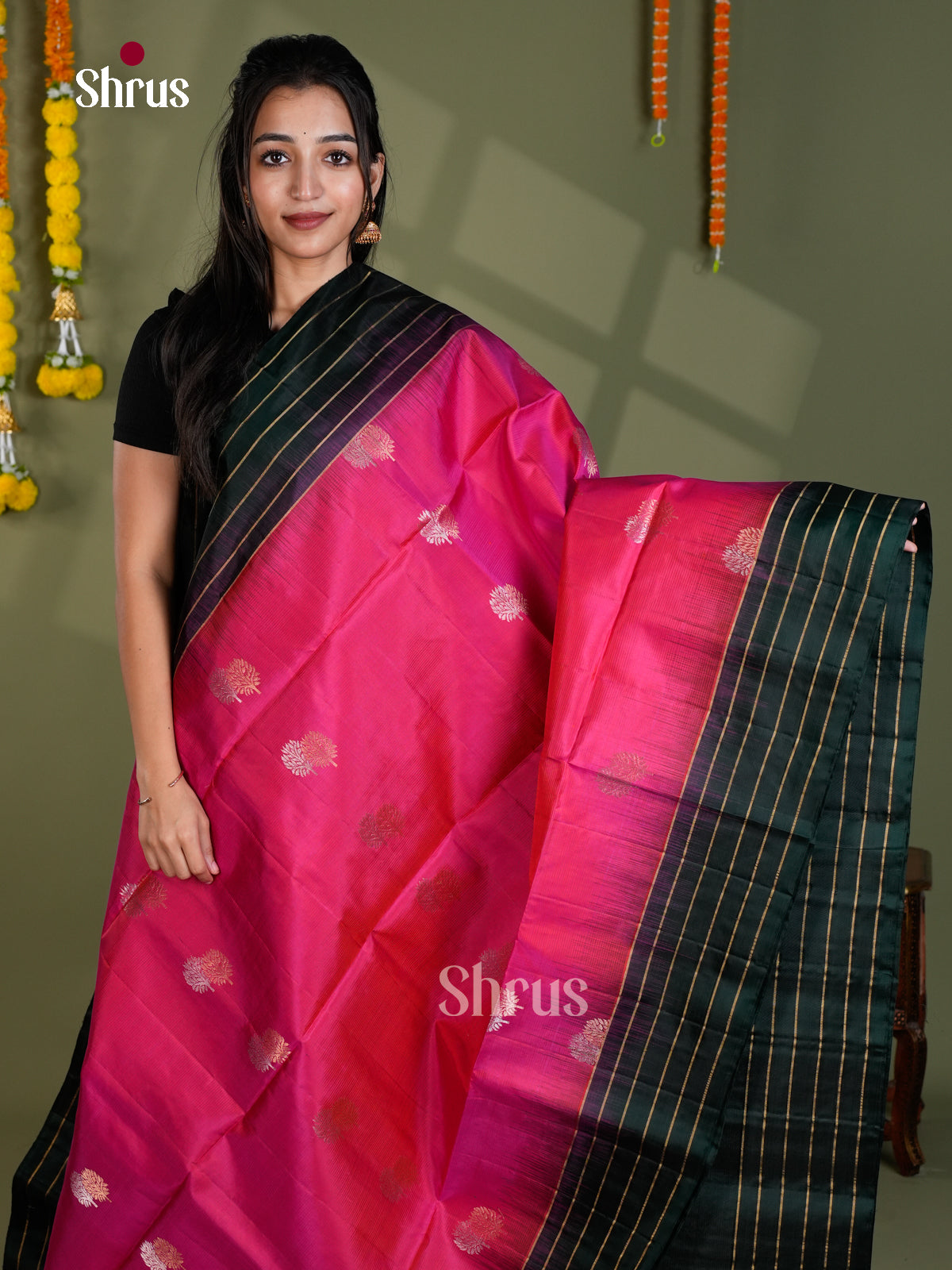 Buy Ravishing Pink Pure Soft Silk Saree With Gold & Silver Floral Buttas And Dark Green Striped Border