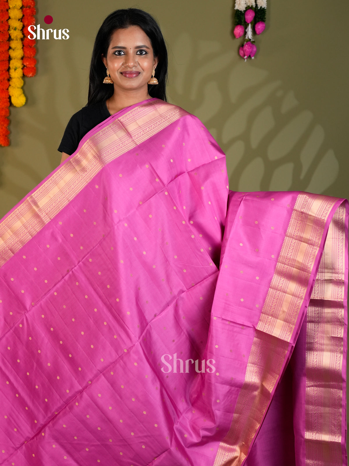 Buy Charming Pink Pure Soft Silk Saree with Golden Buttas & Rich Zari Border