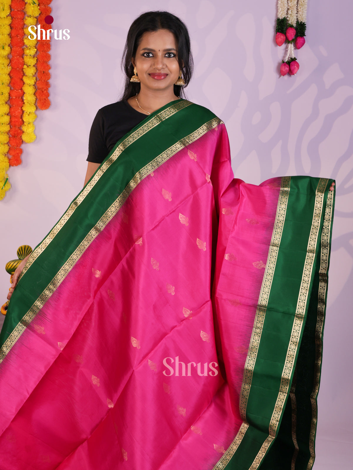 Buy Charming Pink Pure Soft Silk Saree with Zari Buttas, Green Rettaipet Border & Brocade Pallu