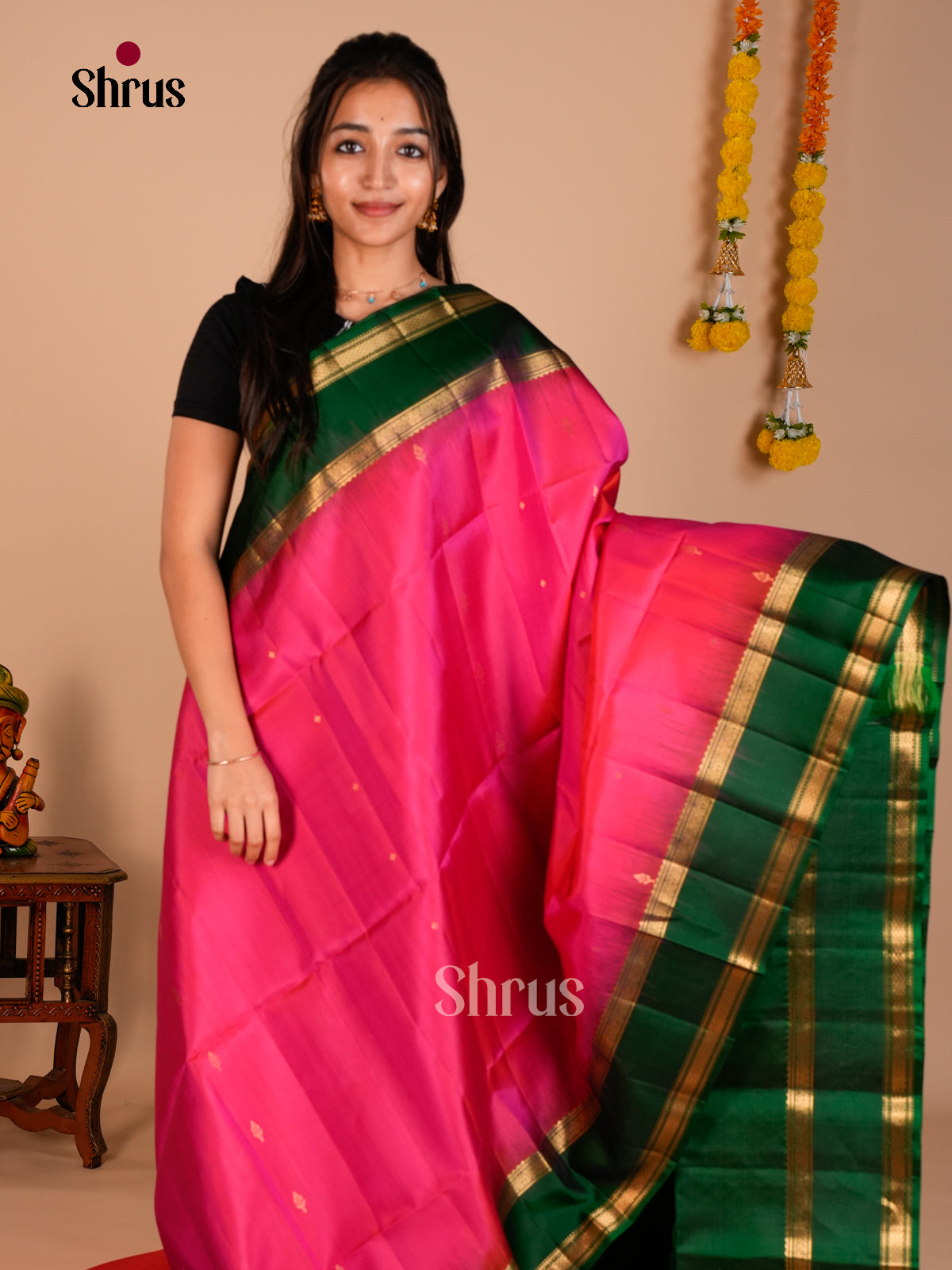 Buy Majestic Pink Pure Soft Silk Saree with Zari Buttas, Green Rettaipet Zari Border & Brocade Pallu