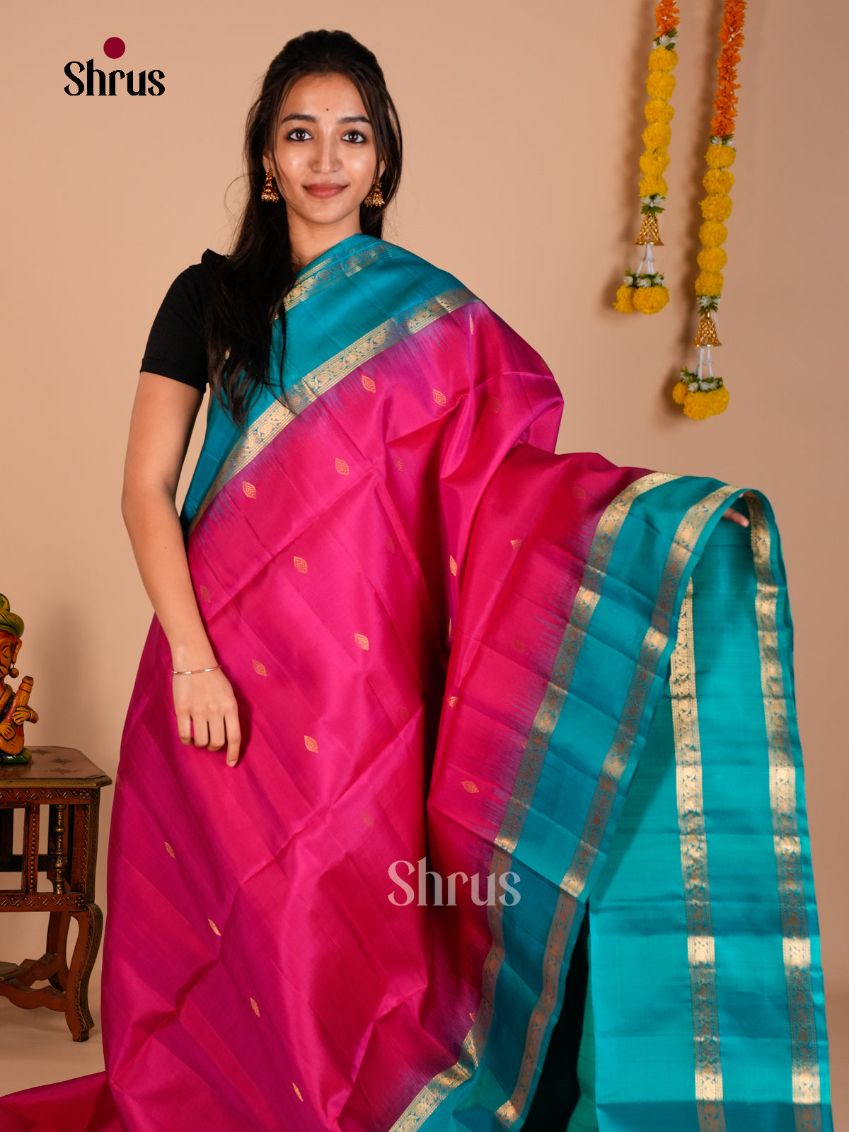 Buy Graceful Pink Pure Soft Silk Saree with Zari Buttas & Sky Blue Rettaipet Zari Border