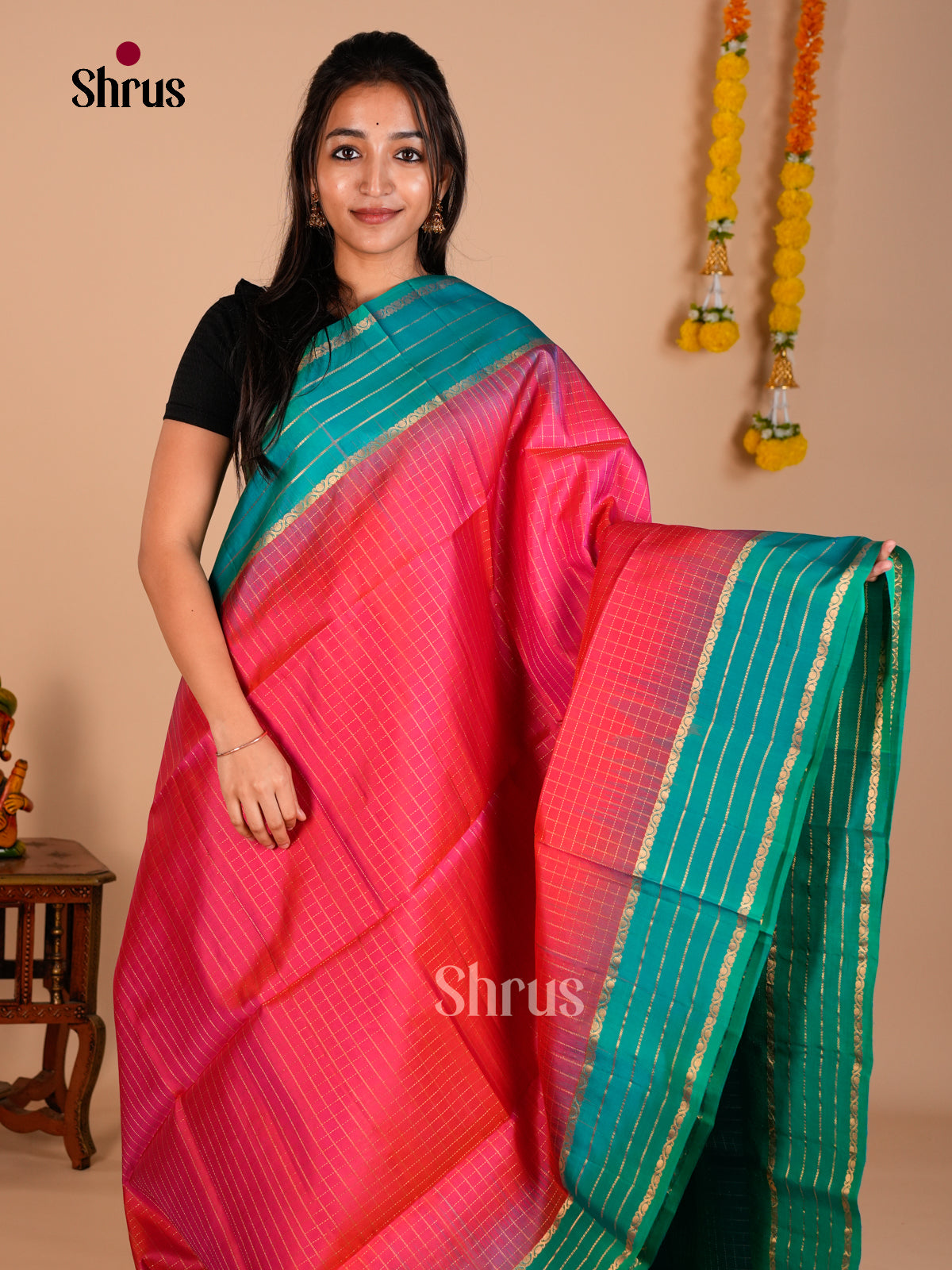 Buy Pretty Pink Pure Soft Silk Saree with Zari Kattams & Aqua Blue Rettaipet Border With Gold Stripes