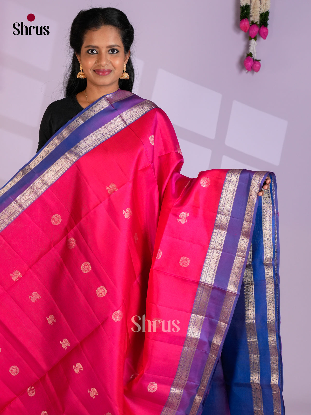 Buy Pretty Pink Pure Soft Silk Saree with Zari Peacock & Round Buttas, Purple Rettaipet Border & Pallu