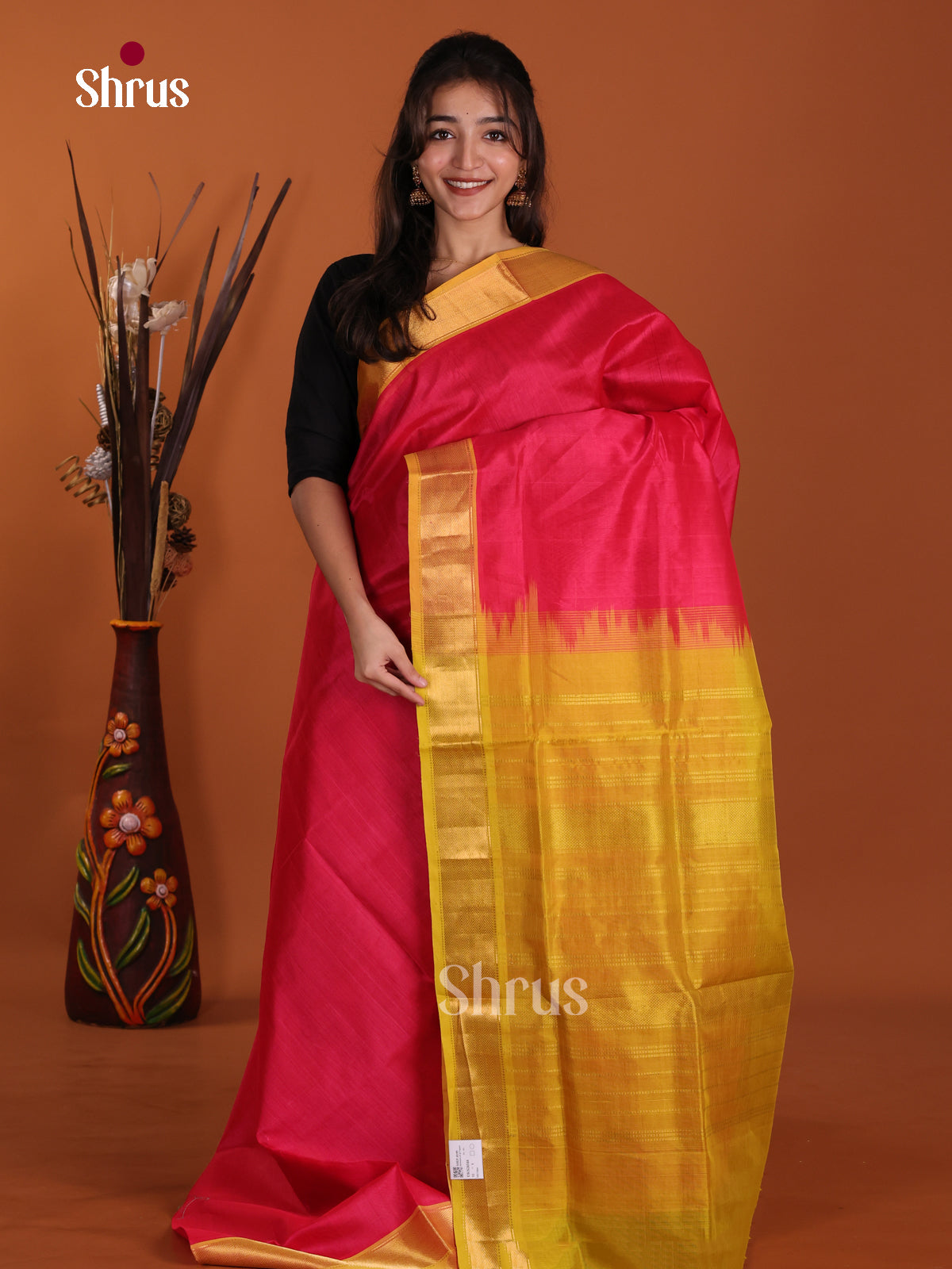Buy Vivid Pink Silk Cotton Saree with Plain Body, Mustard Kaddi Border & Zari Striped Pallu