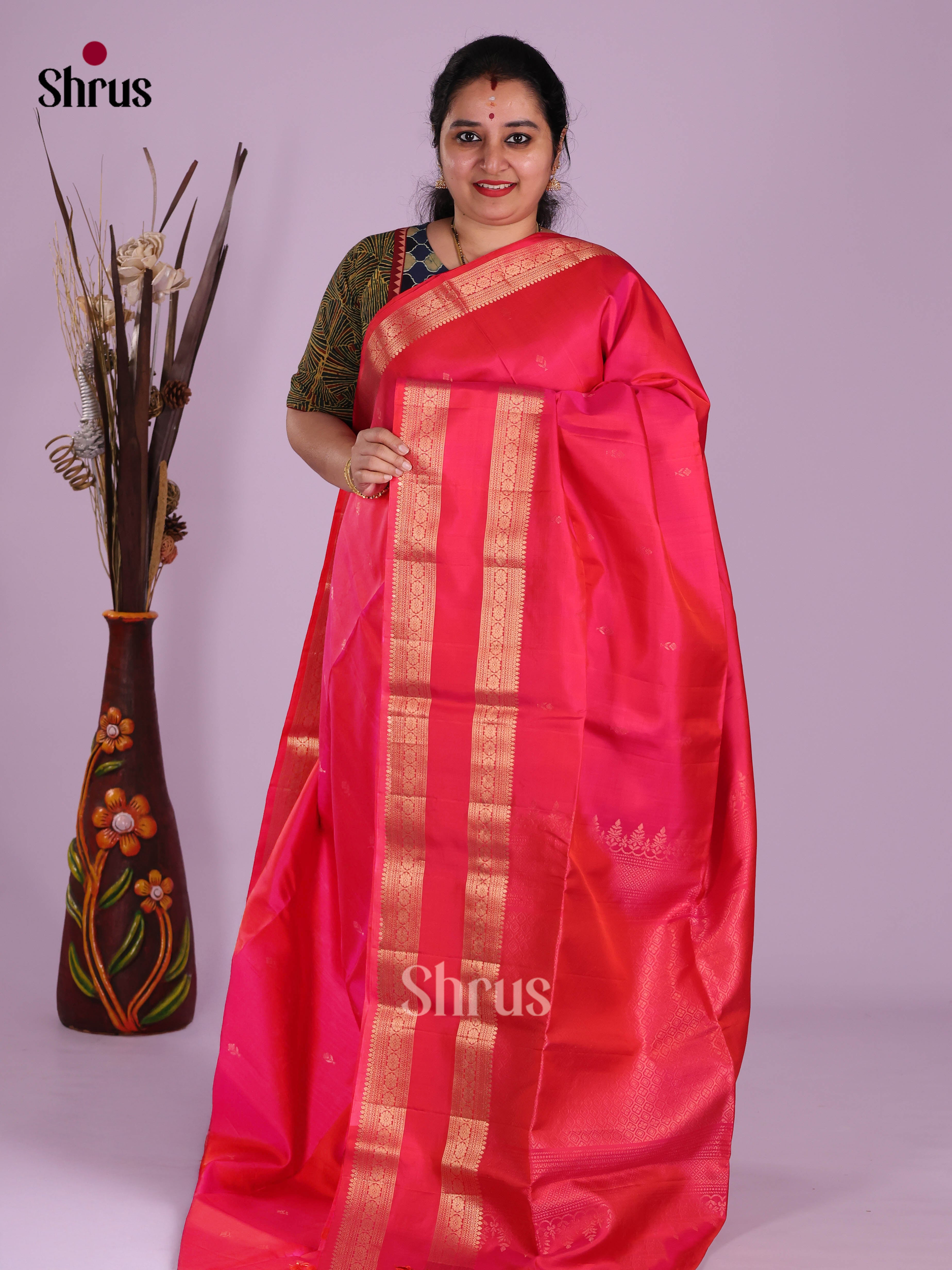 Buy Vibrant Pink Soft Silk Saree With Gold Buttas, Rettaipet Zari Border & Brocade Pallu