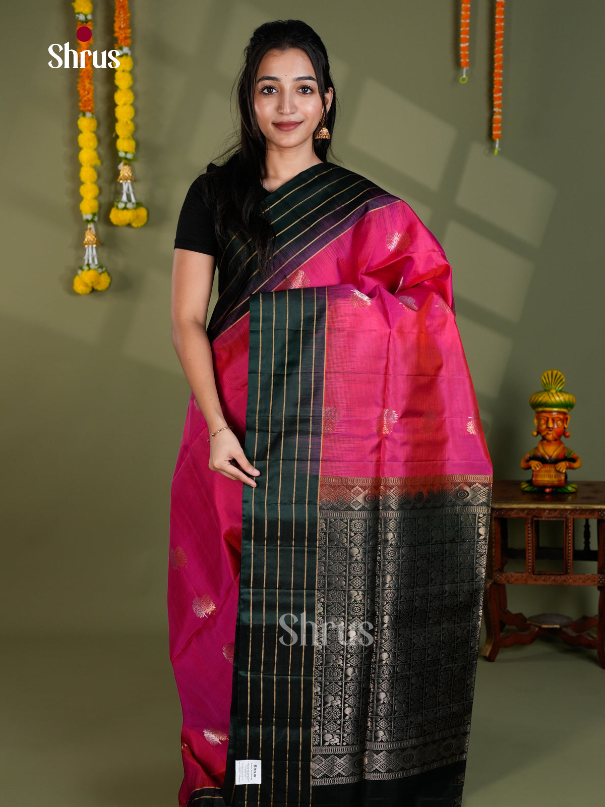 Buy Ravishing Pink Soft Silk Saree With Gold & Silver Floral Buttas And Dark Green Striped Border