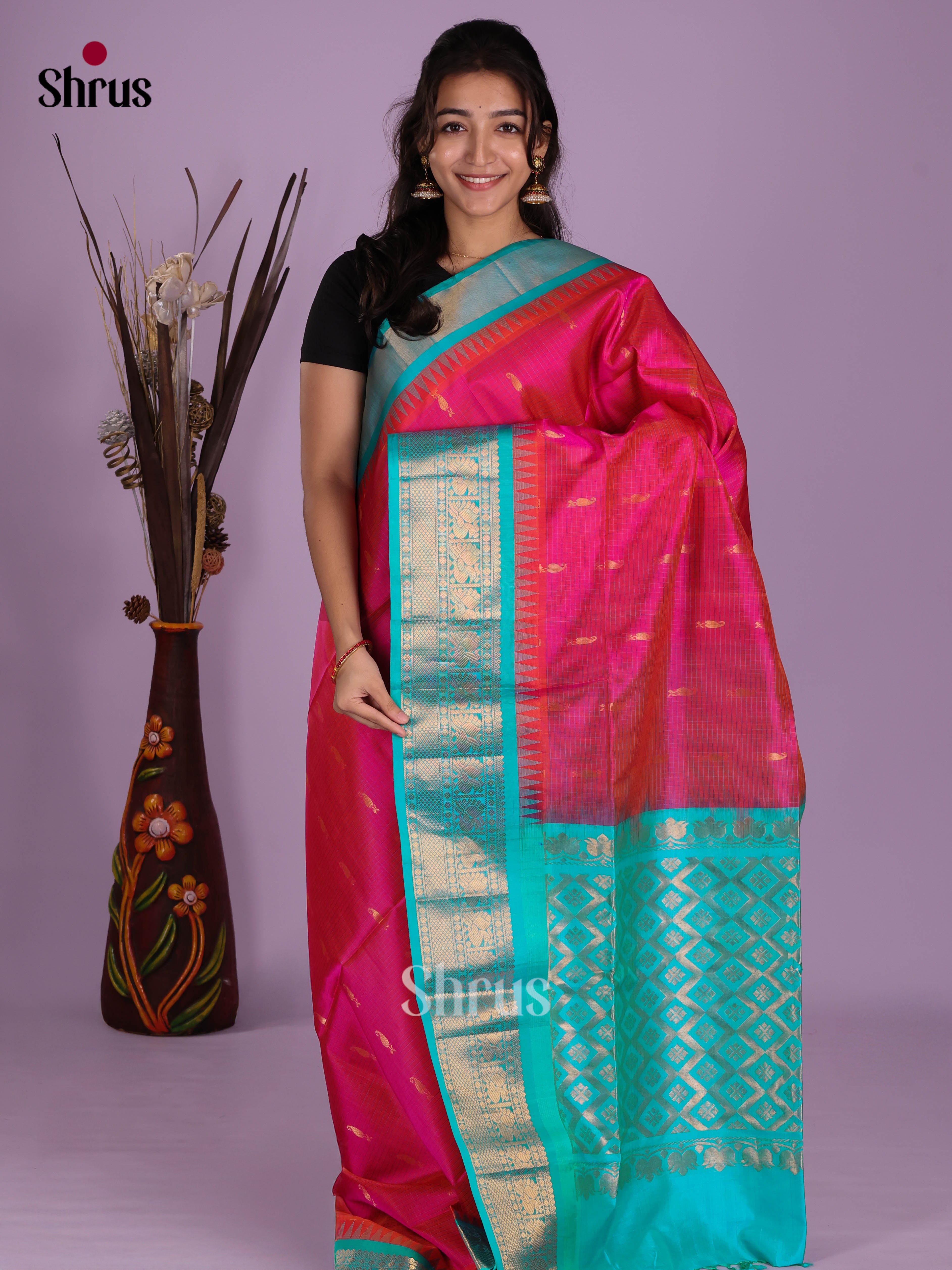Buy Timeless Pink Soft Silk Saree With Golden Mango Buttas, Turquoise Zari Border & Brocade Pallu