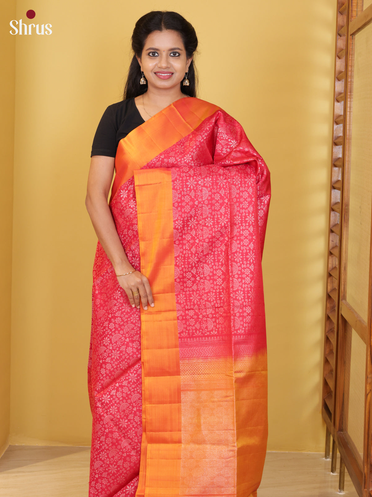 Buy Charming Pink Soft Silk Saree With Zari Floral Jacquard & Orange Border & Brocade Pallu