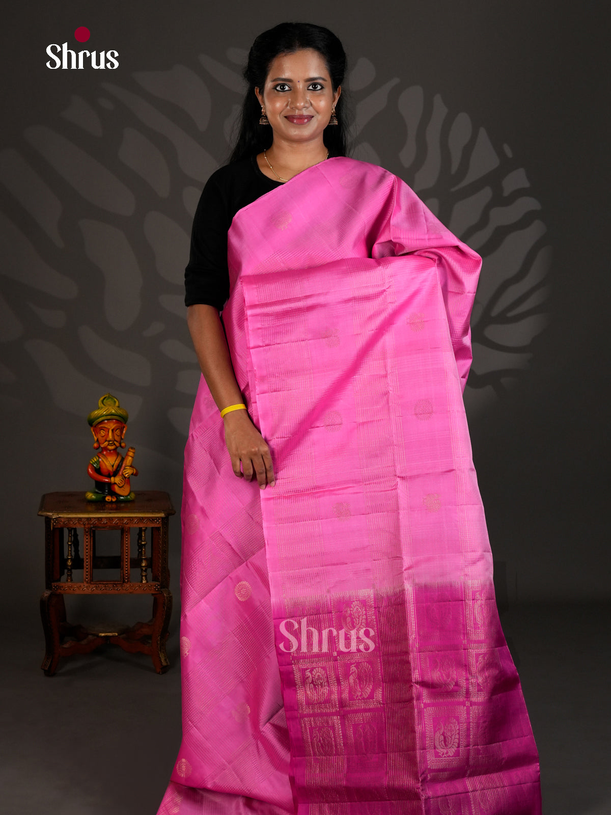 Buy Charming Pink Soft Silk Saree with Gold Stripes, Buttas & Magenta Brocade Pallu