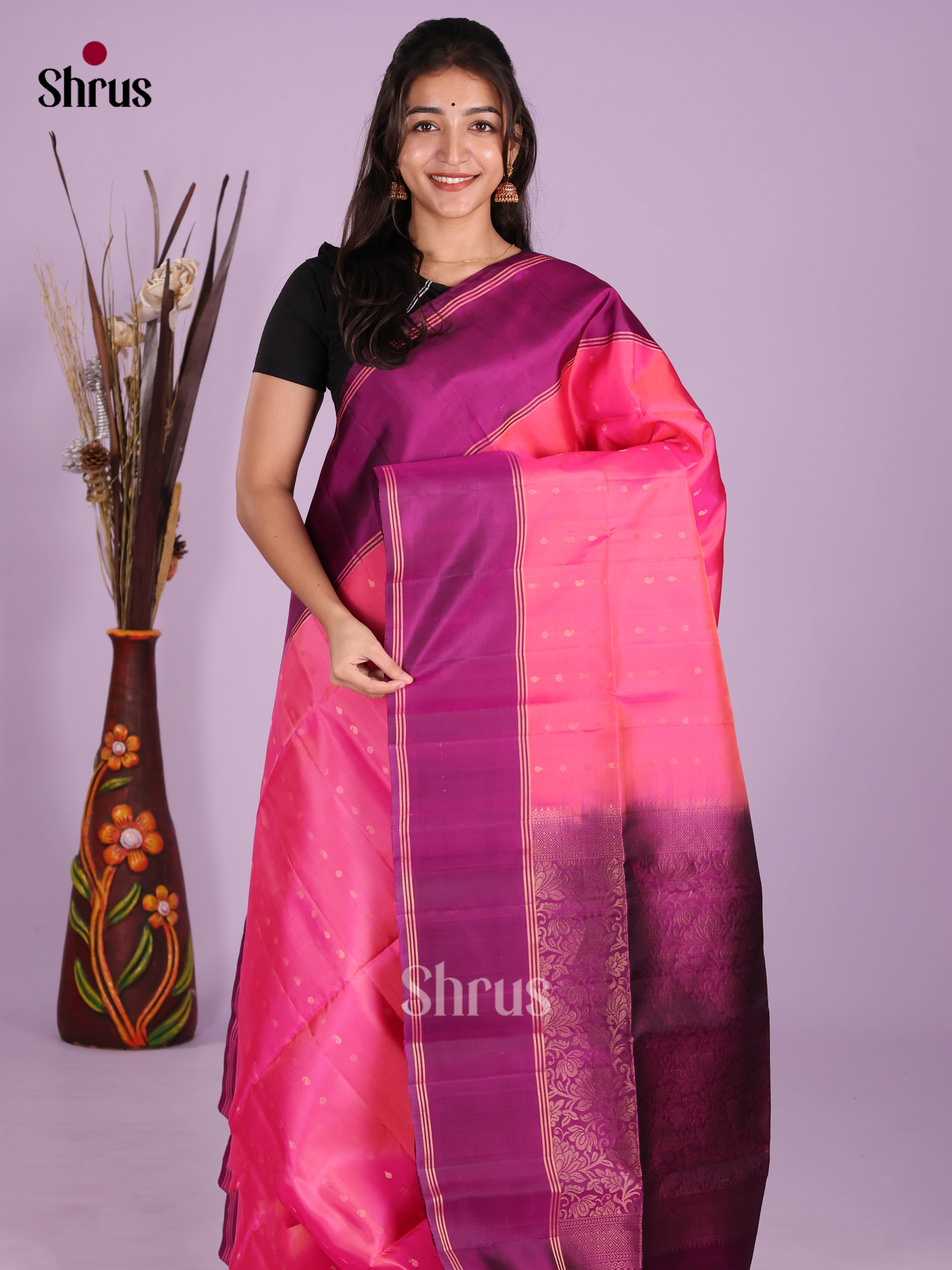 Buy Vivid Pink Soft Silk Saree with Intricate Zari Buttas, Purple Rettaipet Border & Brocade Pallu