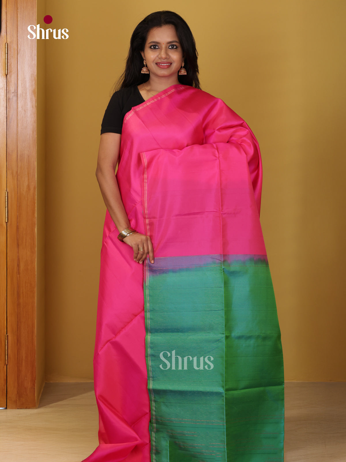 Buy Vivid Pink Soft Silk Saree with Plain Body & Contrast Green Zari Striped Pallu