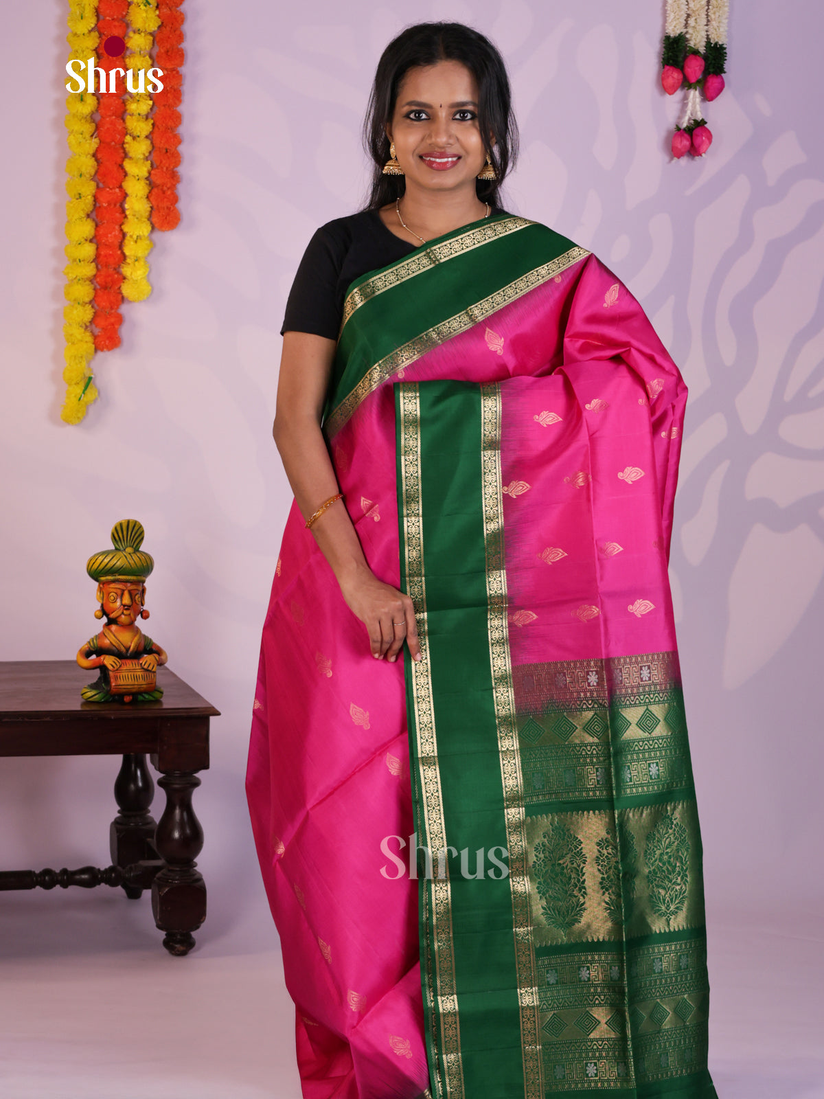 Buy Charming Pink Soft Silk Saree with Zari Buttas, Green Rettaipet Border & Brocade Pallu