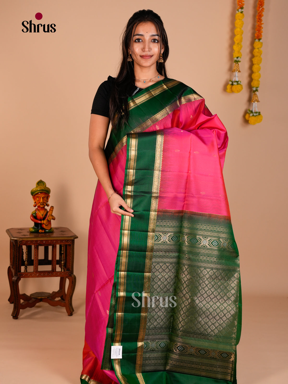 Buy Majestic Pink Soft Silk Saree with Zari Buttas, Green Rettaipet Zari Border & Brocade Pallu