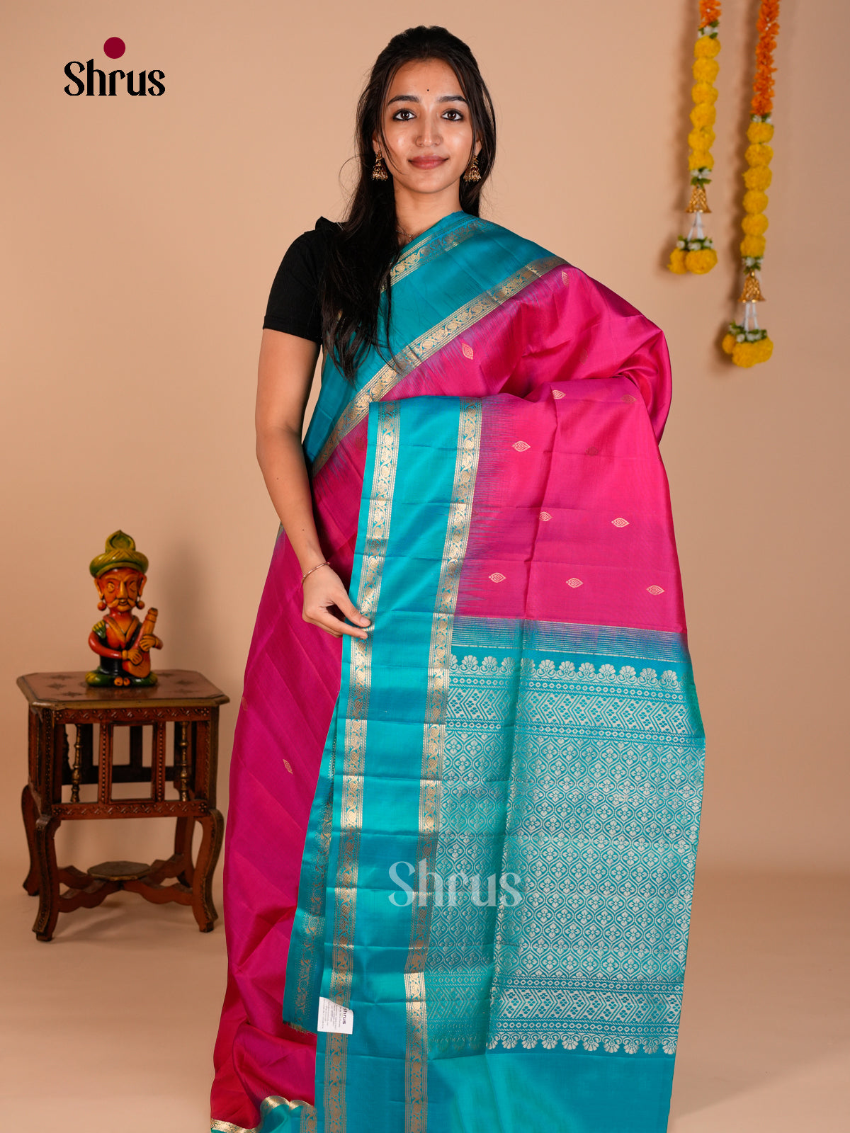 Buy Graceful Pink Soft Silk Saree with Zari Buttas & Sky Blue Rettaipet Zari Border