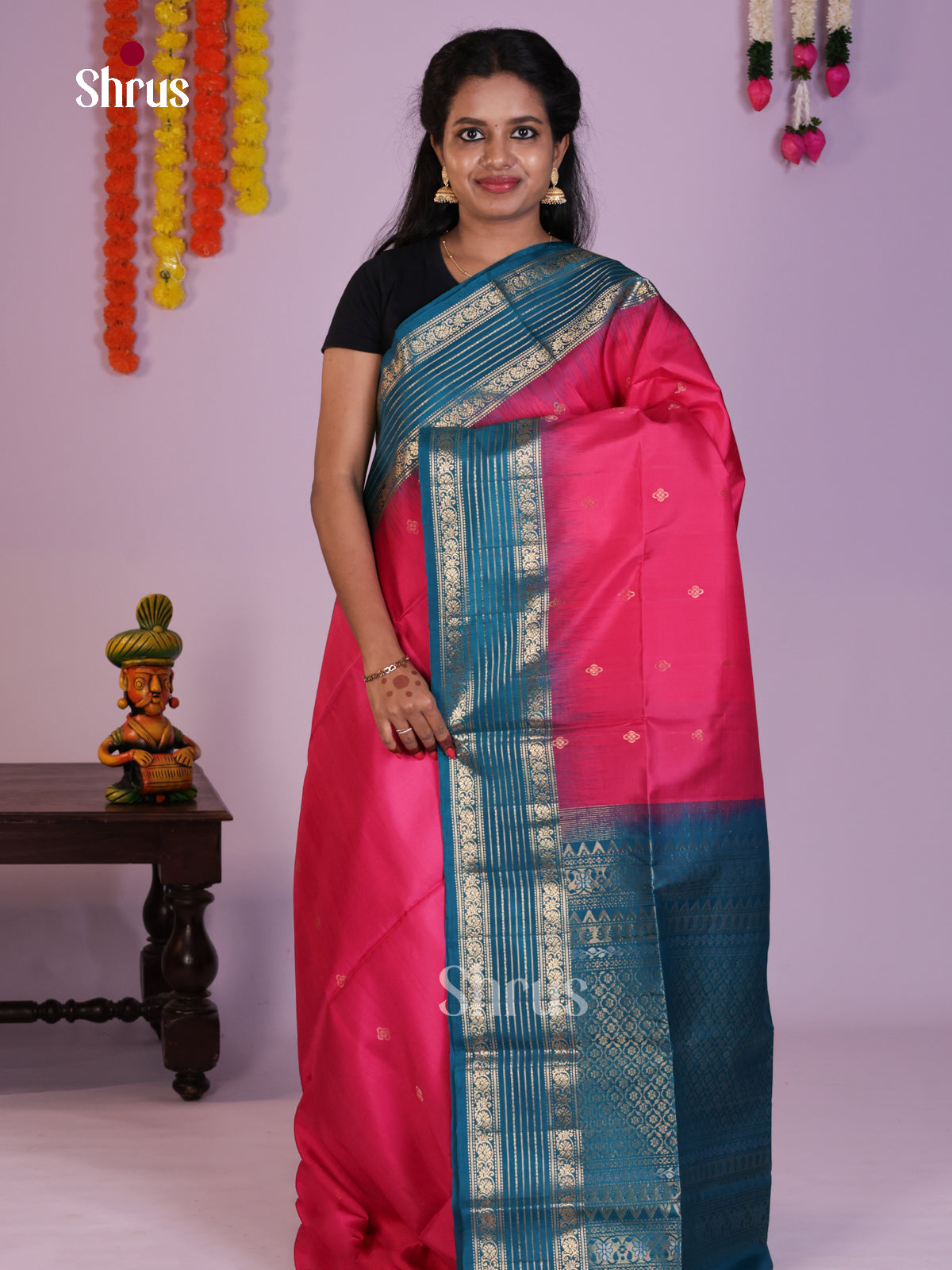 Buy Pretty Pink Soft Silk Saree with Zari Buttas, Teal Blue Striped Border & Brocade Pallu