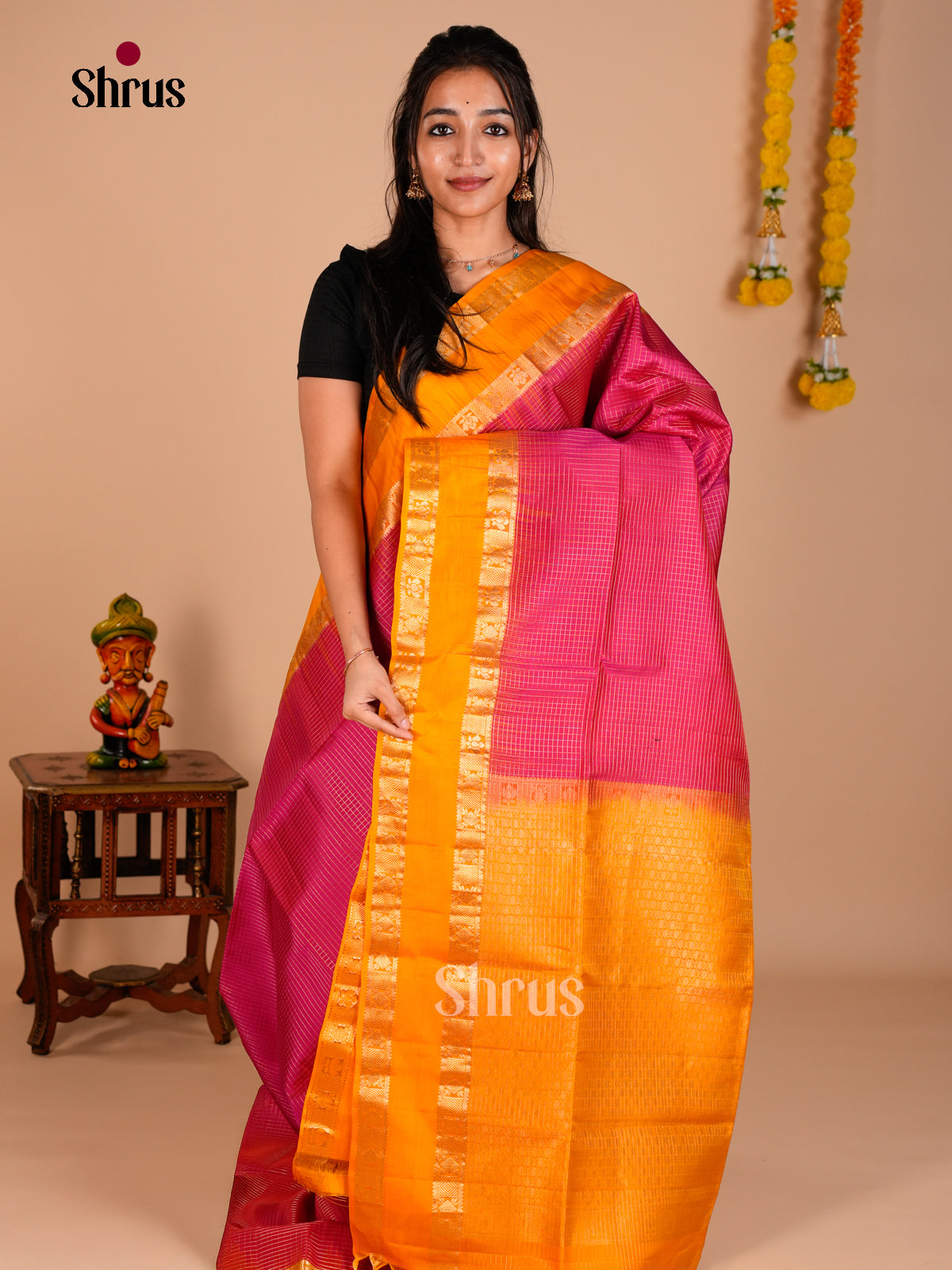 Buy Shimmery Pink Soft Silk Saree with Zari Checks & Mustard Rettaipet Border & Brocade Pallu