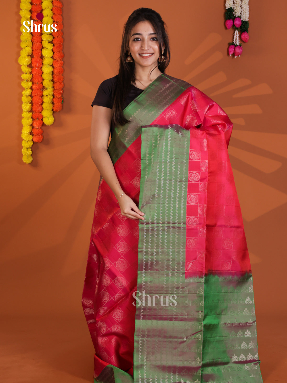 Buy Radiant Pink Soft Silk Saree with Zari Checks, Round Motifs & Dual Tone Green Border
