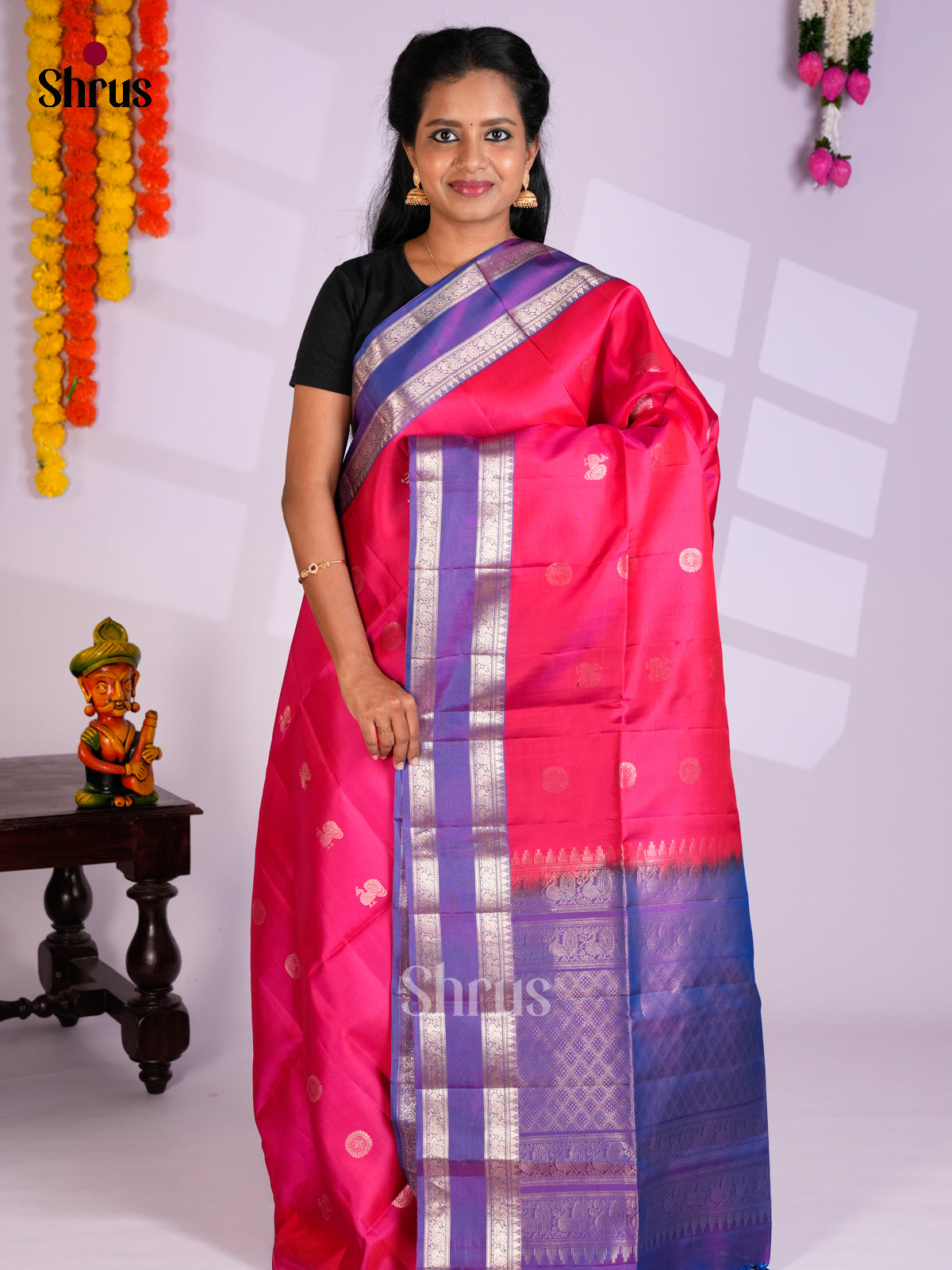 Buy Pretty Pink Soft Silk Saree with Zari Peacock & Round Buttas, Purple Rettaipet Border & Pallu