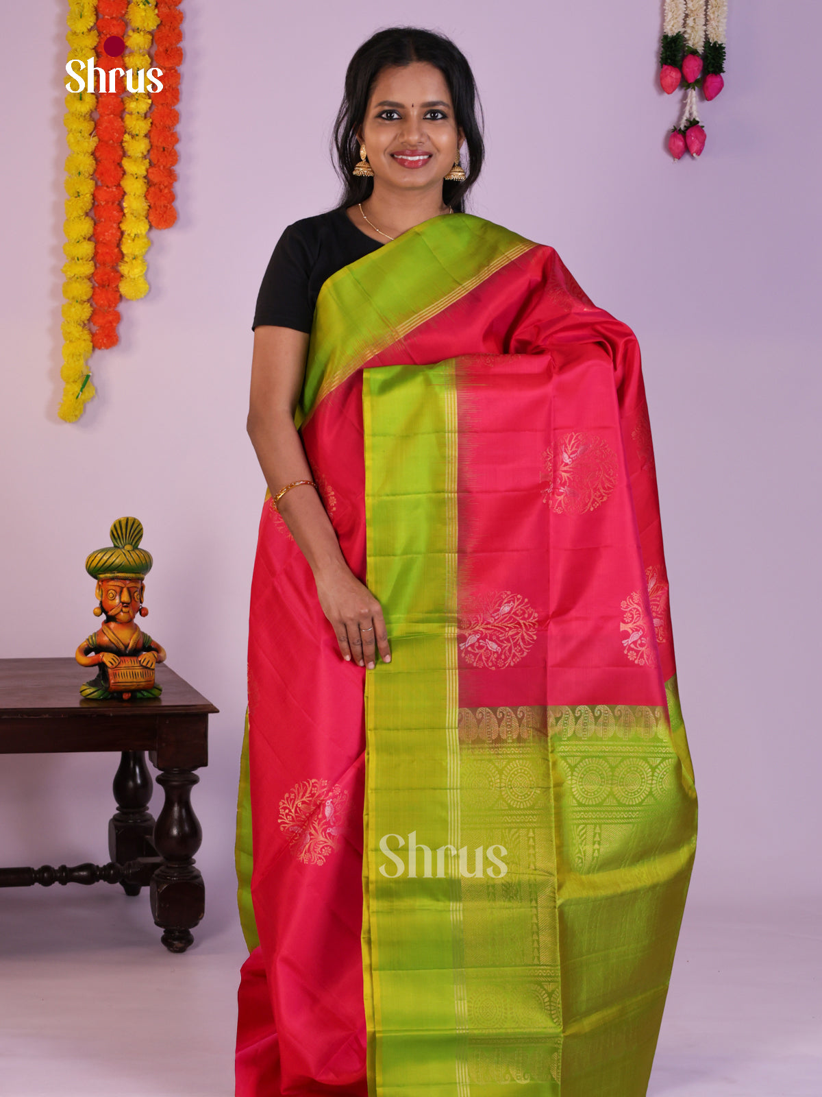 Buy Gorgeous Pink Soft Silk Saree with Zari Tree Motifs, Light Green Border & Brocade Pallu