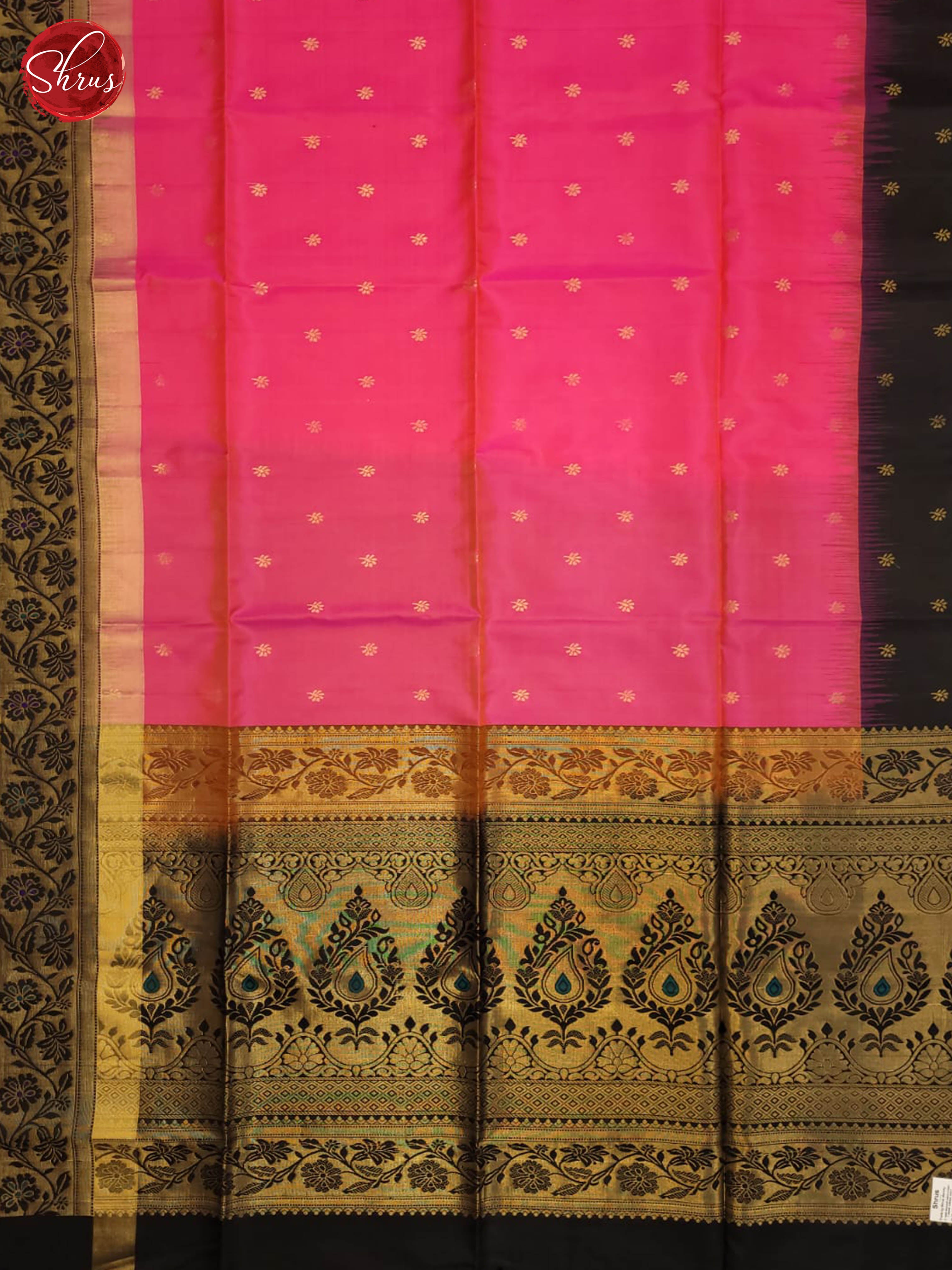 Buy Exquisite Pink Soft Silk Sarees With Gold Floral Buttas, Black Border & Paisley Pallu