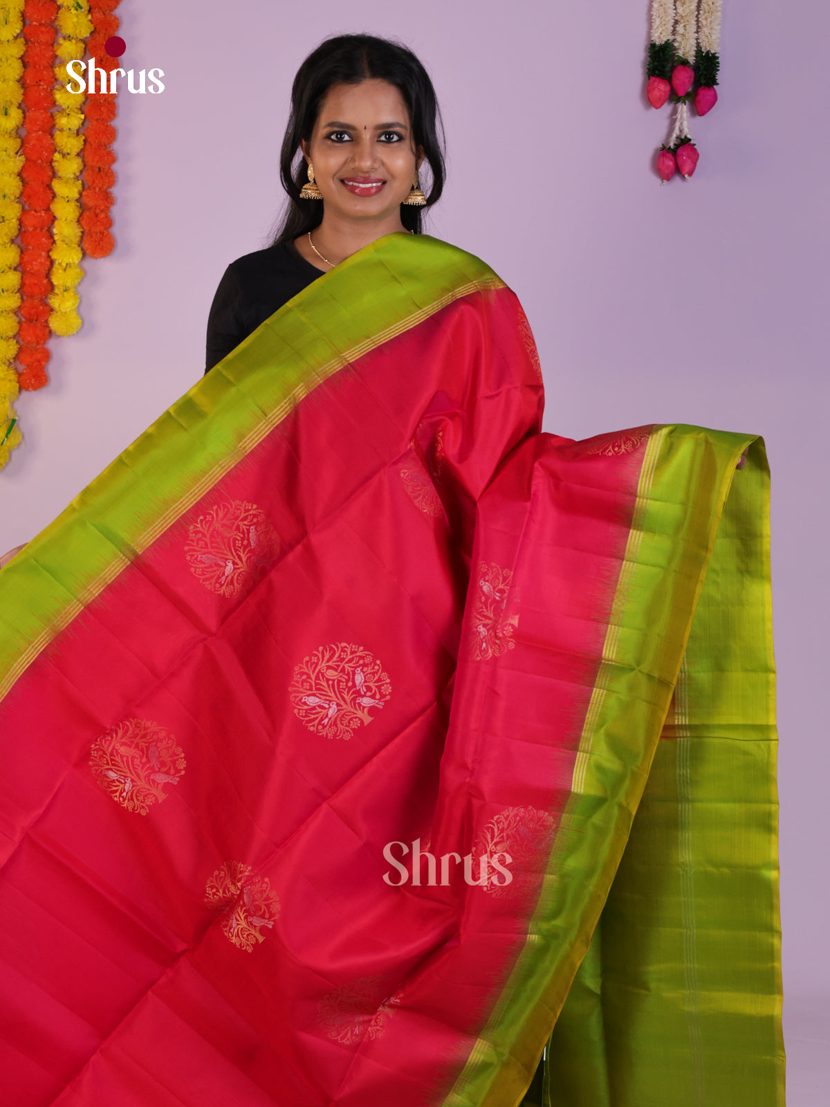 Buy Gorgeous Pink Soft Silk Sarees with Zari Tree Motifs, Light Green Border & Brocade Pallu