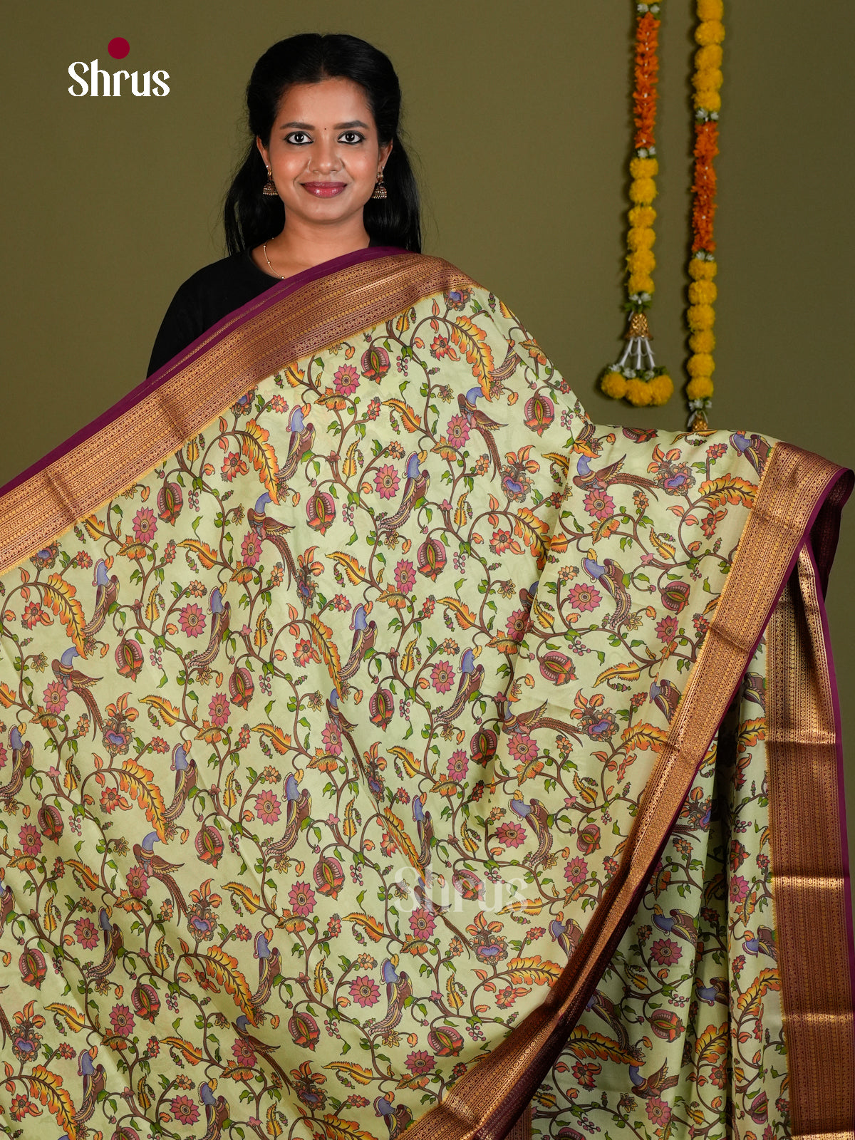 Buy Exquisite Pista Green Mysore Silk Sarees with Kalamkari Inspired Floral Prints & Purple Pallu